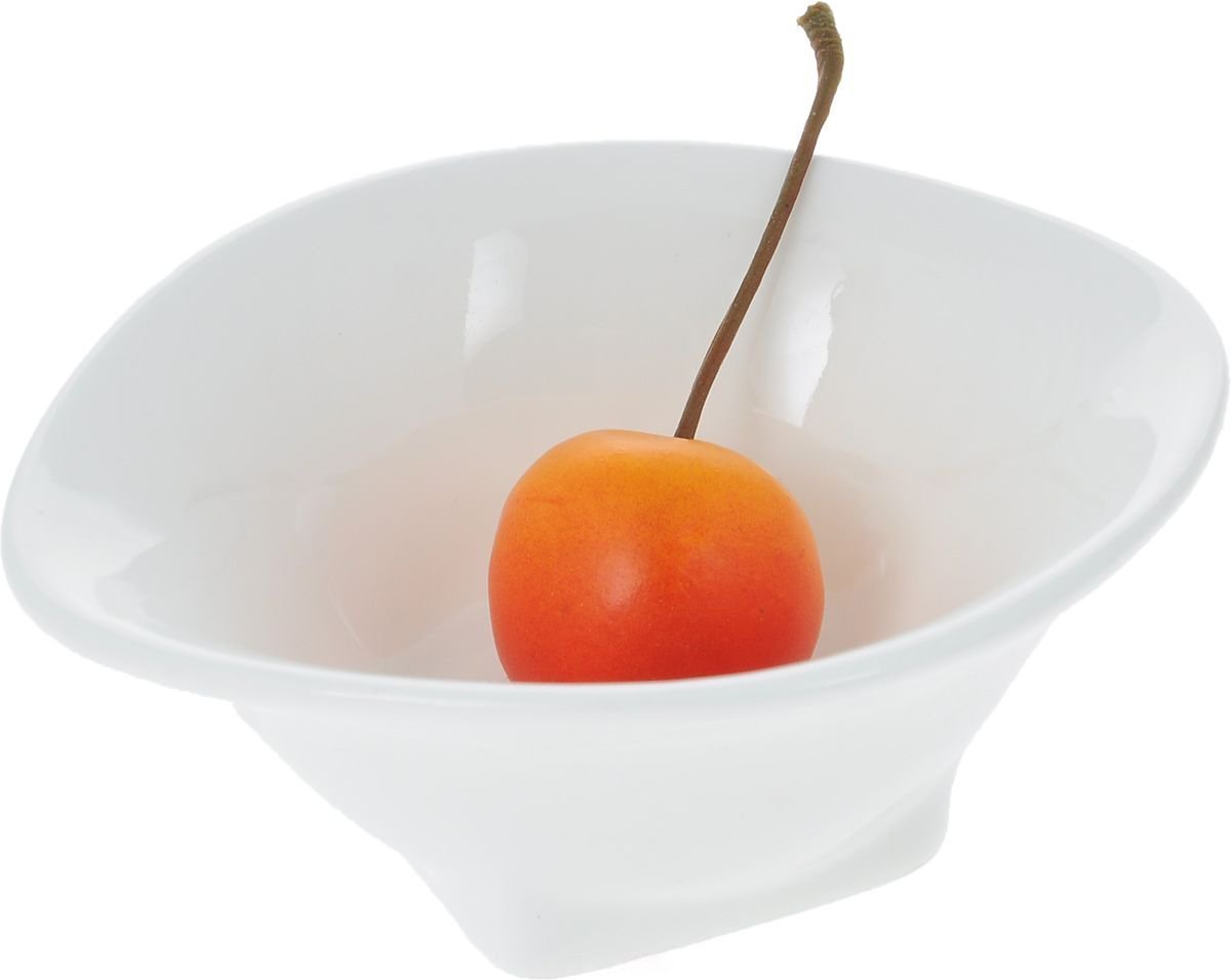 A stylish 4-inch white serving dish with an angled round shape and rolled rim, made from fine vitrified porcelain.