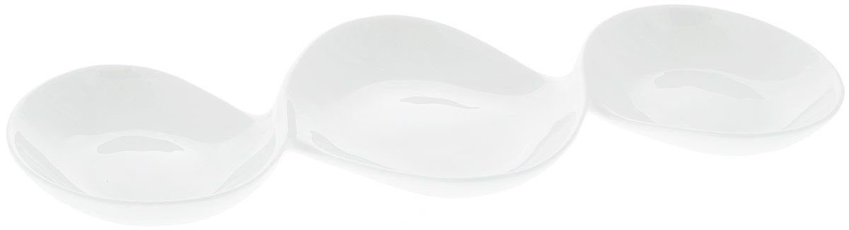 White divided sauce dish with three compartments, perfect for serving seafood and appetizers elegantly.