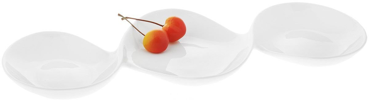 White divided sauce dish with three compartments, perfect for serving seafood and appetizers elegantly.