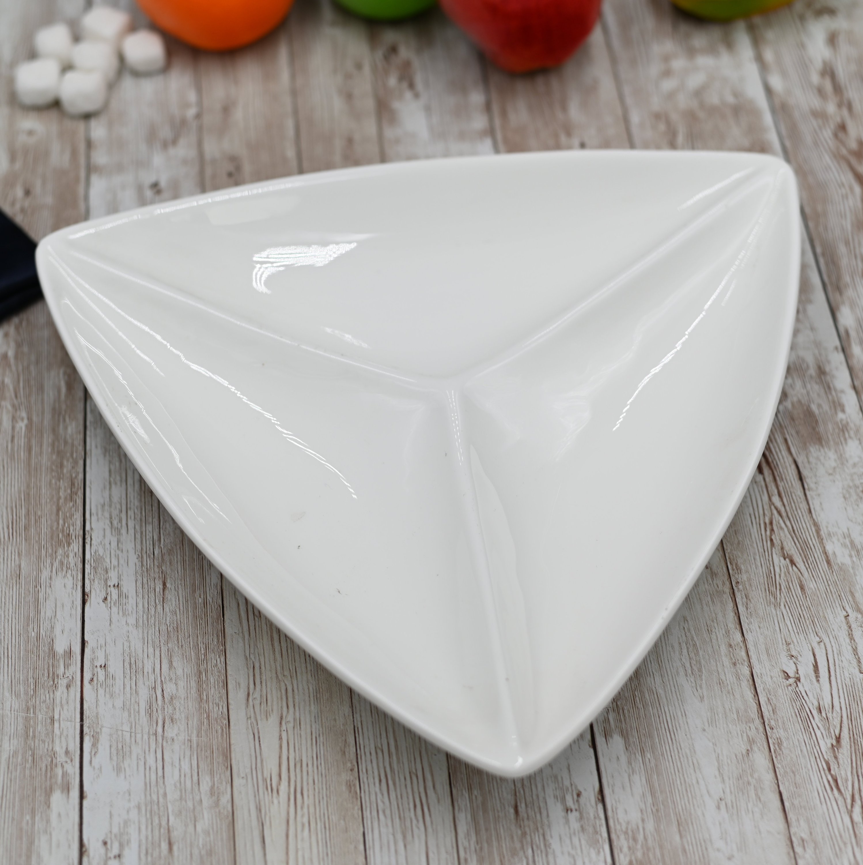 White Divided Triangular Dish 11.5 inches with three compartments, ideal for serving seafood and appetizers elegantly.