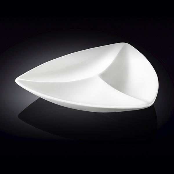 White Divided Triangular Dish 11.5 inches with three compartments, ideal for serving seafood and appetizers elegantly.