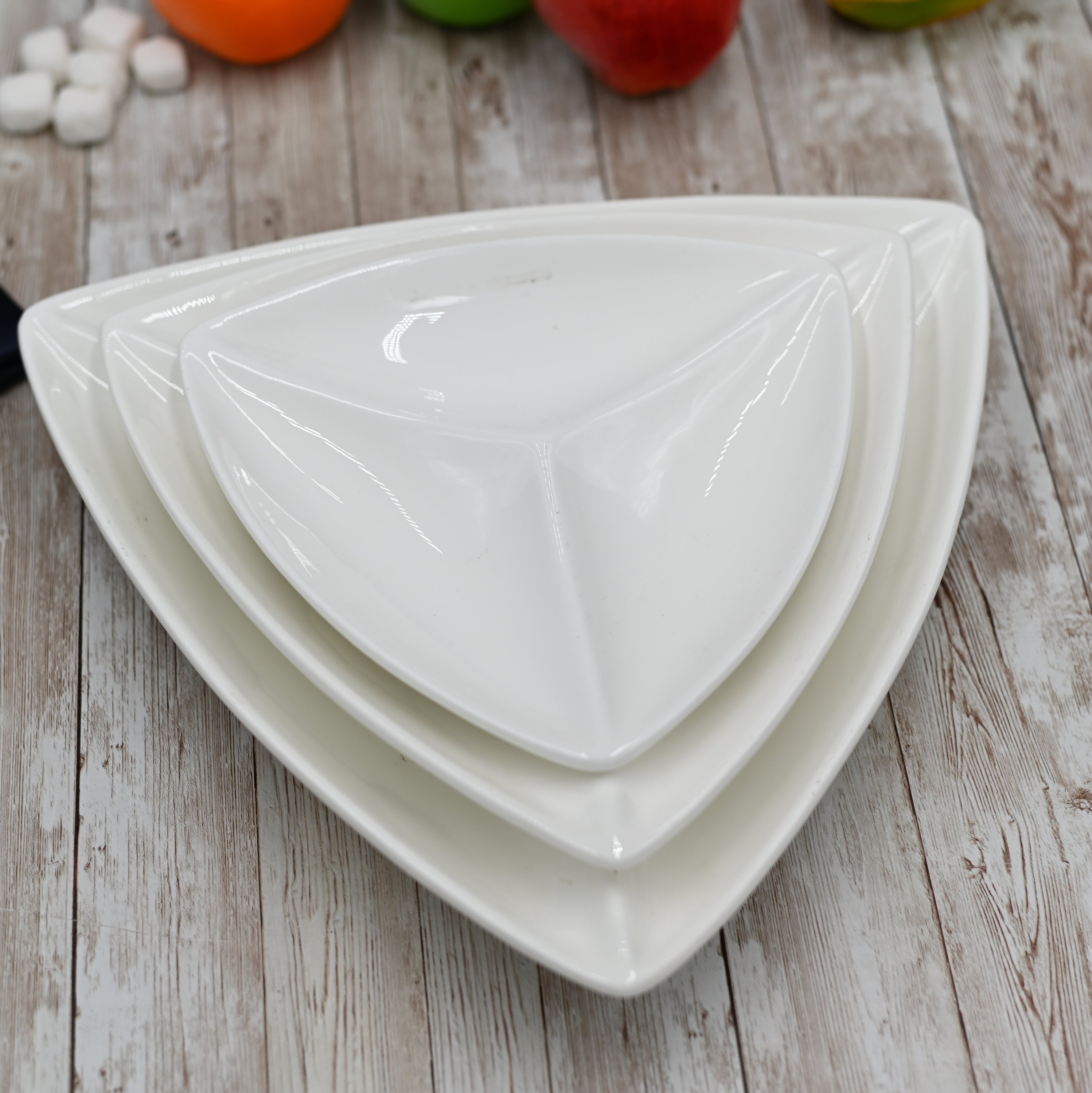 White Divided Triangular Dish 11.5 inches with three compartments, ideal for serving seafood and appetizers elegantly.