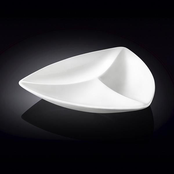 White divided triangular dish with three compartments, perfect for serving seafood and appetizers.