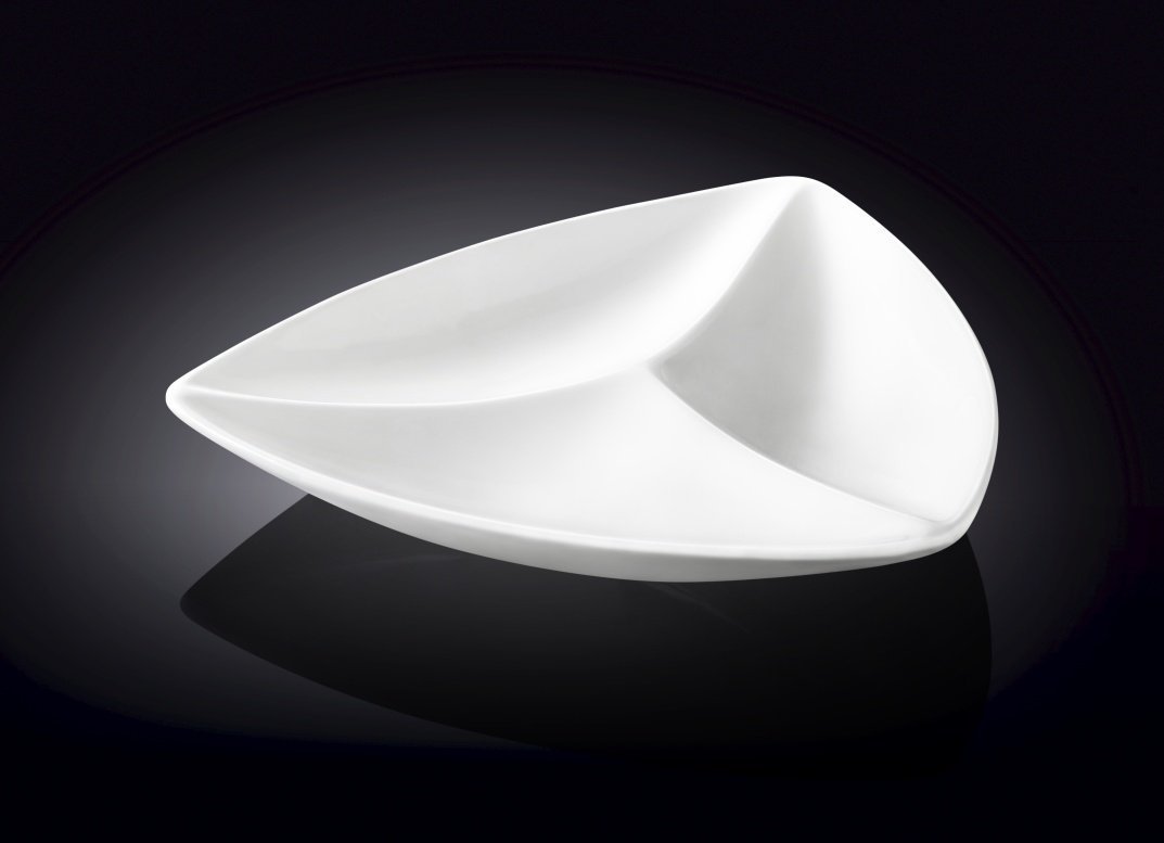 White divided triangular dish with three compartments, perfect for serving seafood and appetizers.