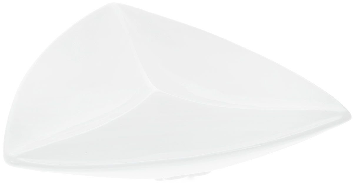 White divided triangular dish with three compartments, perfect for serving seafood and appetizers.