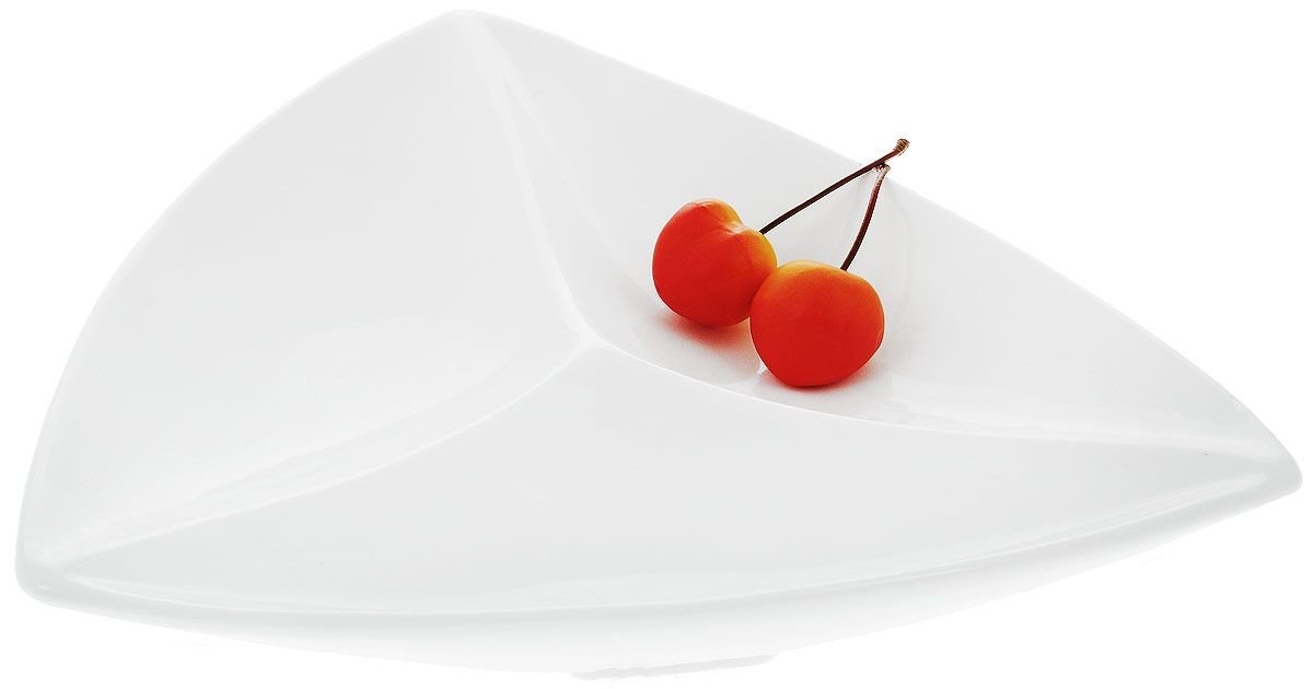 White divided triangular dish with three compartments, perfect for serving seafood and appetizers.