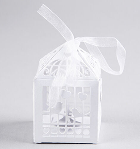 A pack of 10 elegant white dove bird boxes designed for wedding favors, featuring a heart motif.