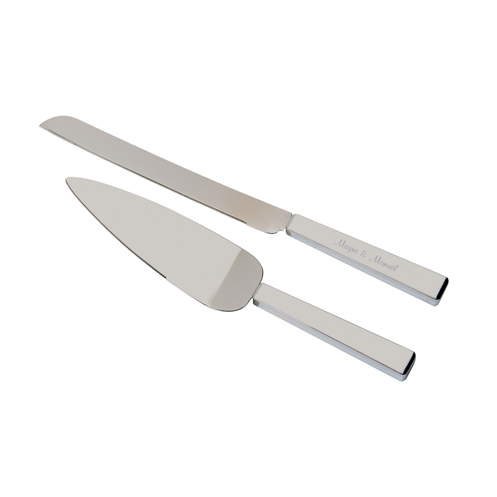 Elegant white enamel cake knife and server set with serrated edges, beautifully packaged in a silver gift box.