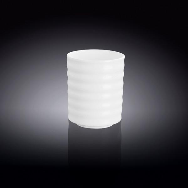 Elegant white Japanese style cup, 7 oz capacity, showcasing a sleek round shape and cascading wave texture, perfect for serving beverages.