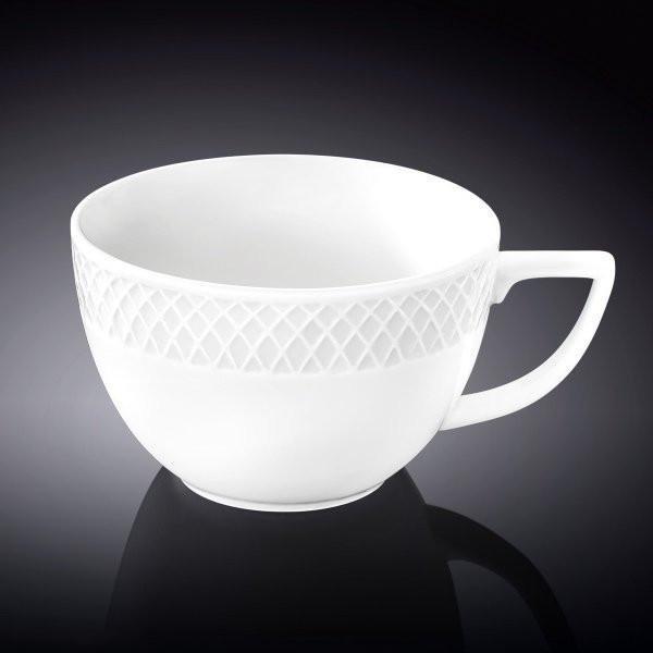 White Jumbo Coffee Mug with embossed design, perfect for cappuccinos and other beverages, showcasing its elegant rolled rim.