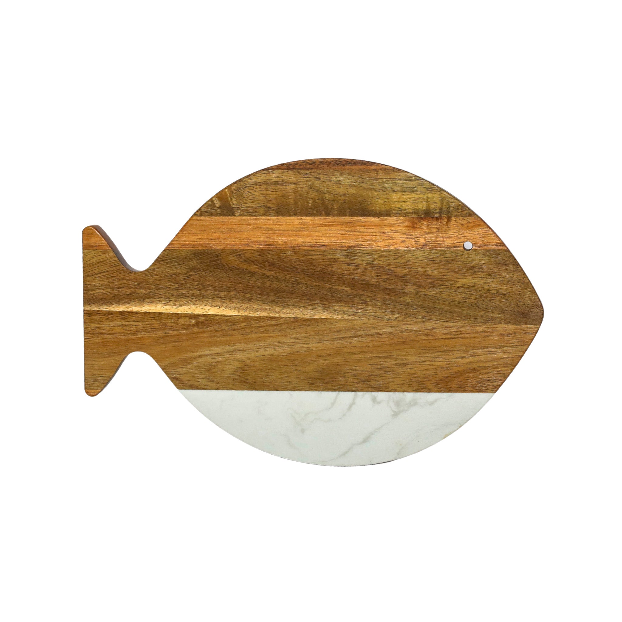 A stylish White Marble and Acacia Wood Fish Board, featuring a unique fish shape and elegant marble accent, ideal for serving and cutting.