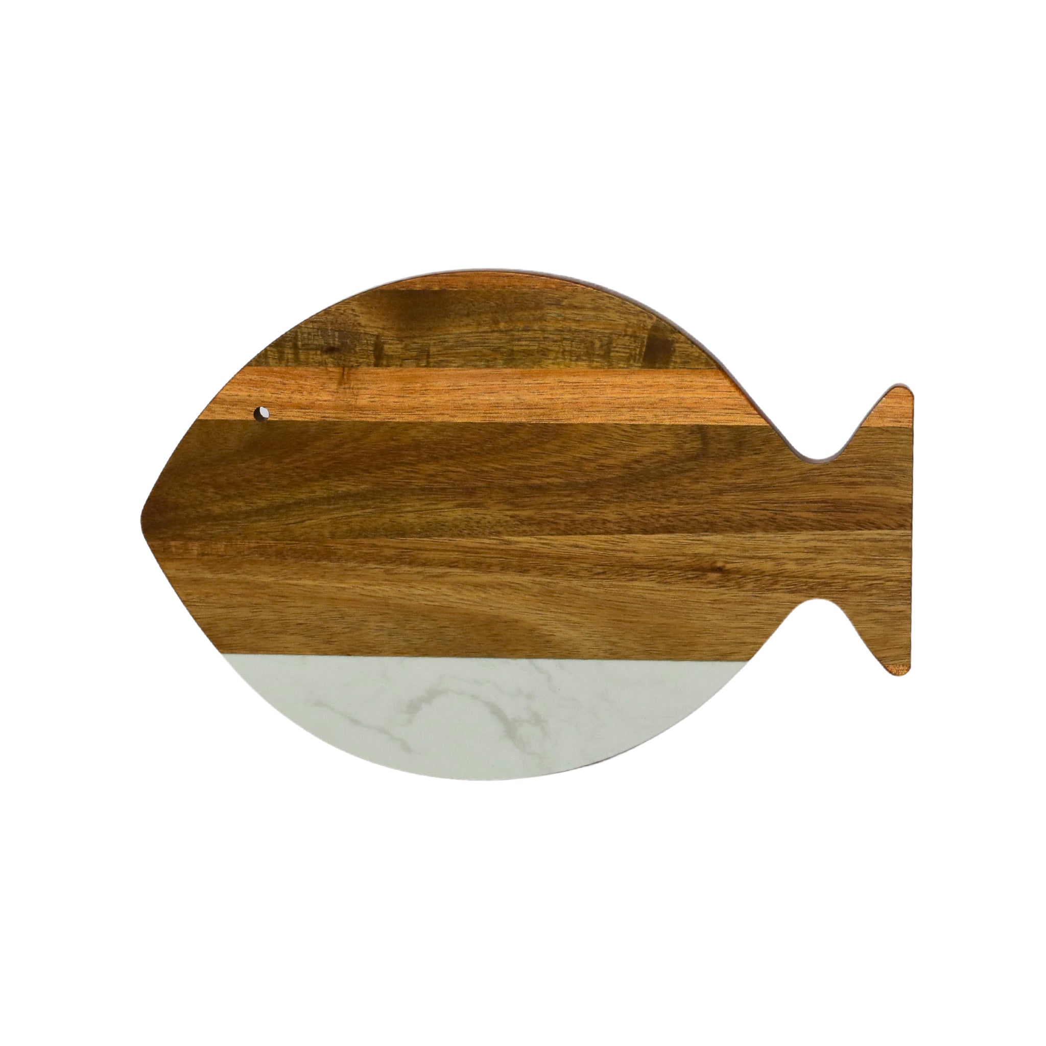 A stylish White Marble and Acacia Wood Fish Board, featuring a unique fish shape and elegant marble accent, ideal for serving and cutting.