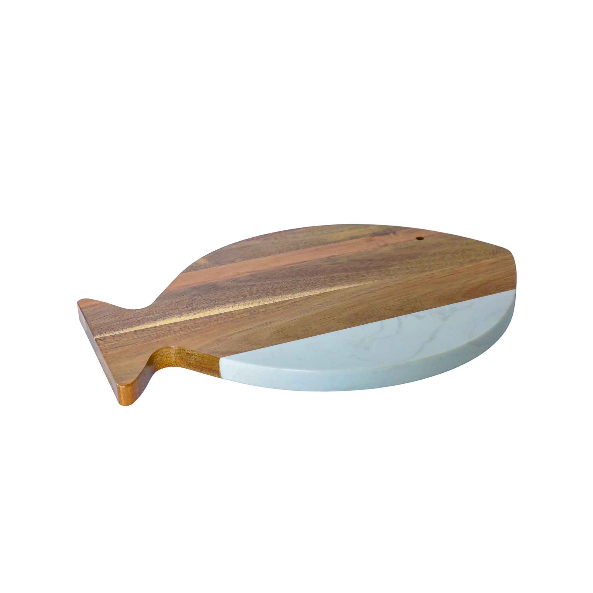 A stylish White Marble and Acacia Wood Fish Board, featuring a unique fish shape and elegant marble accent, ideal for serving and cutting.