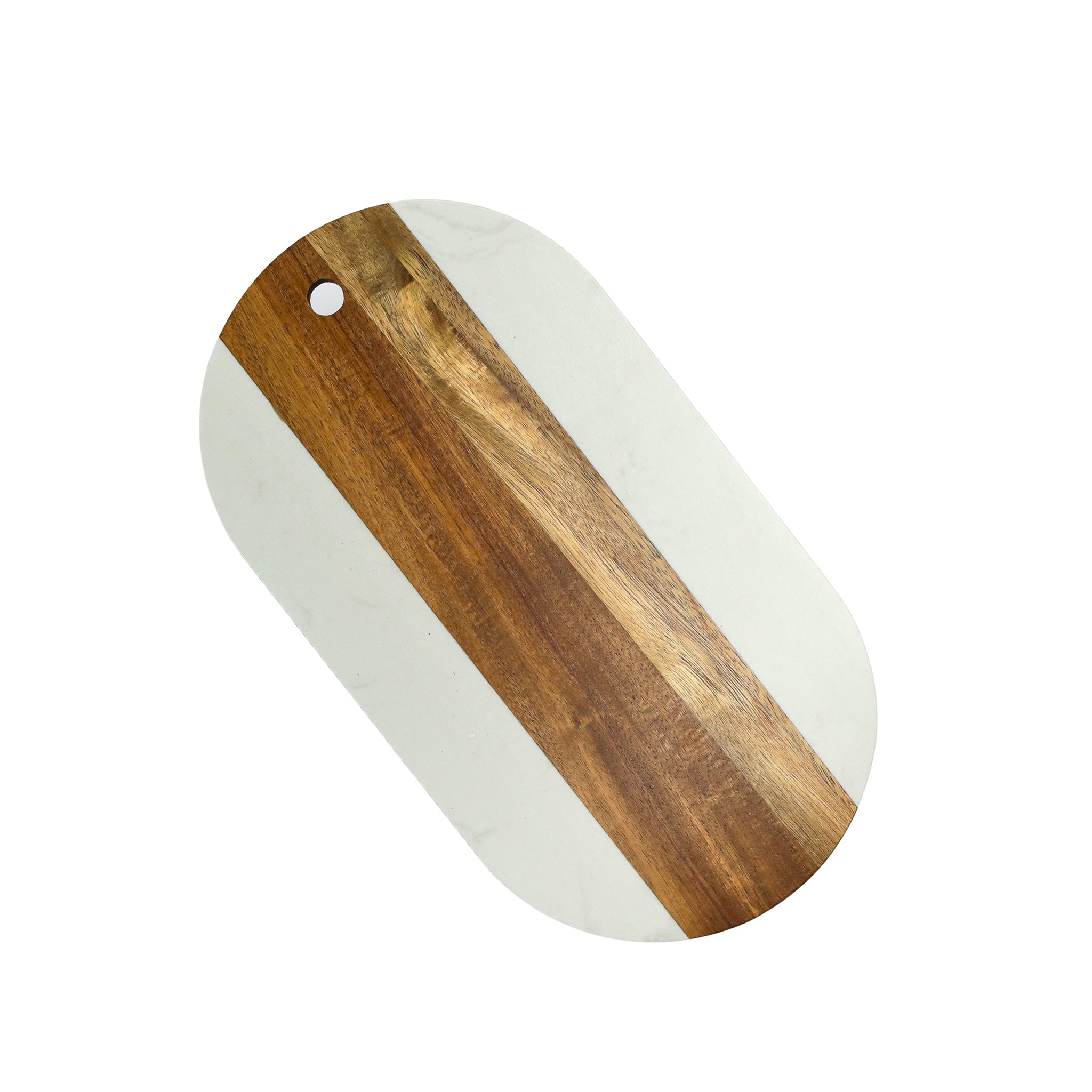 A stylish White Marble and Acacia Wood Oval Board, perfect for serving charcuterie and appetizers, showcasing a blend of elegance and functionality.