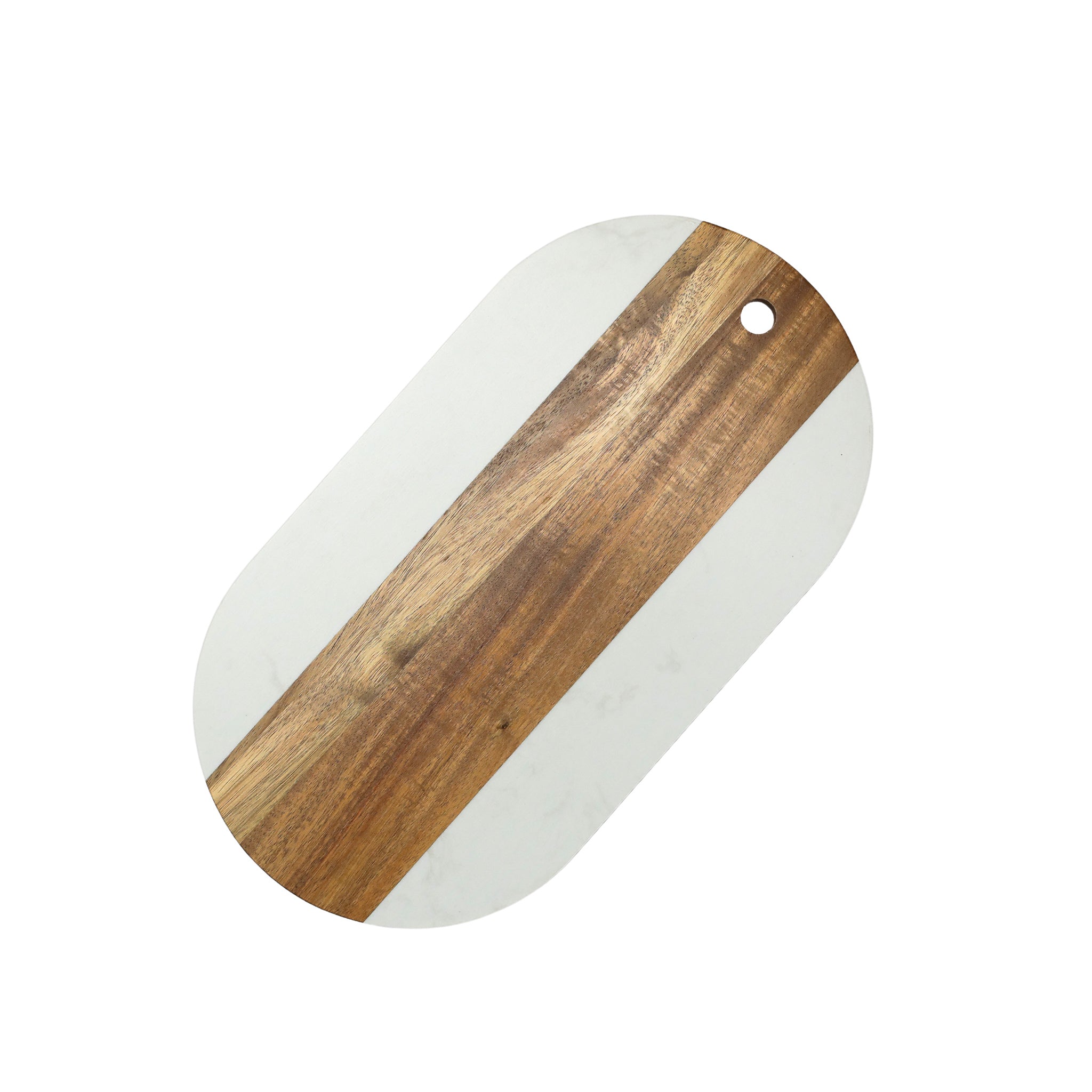 A stylish White Marble and Acacia Wood Oval Board, perfect for serving charcuterie and appetizers, showcasing a blend of elegance and functionality.