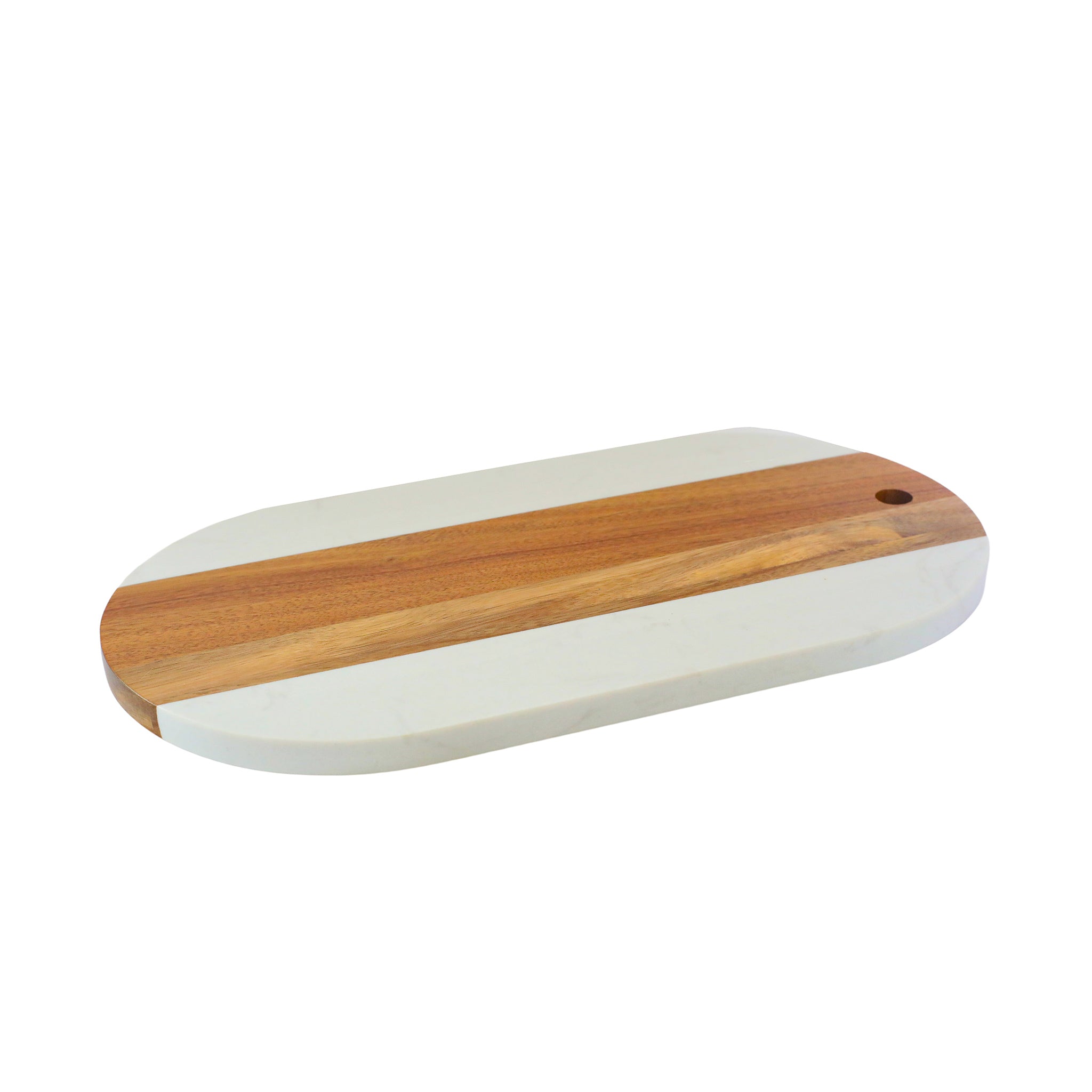 A stylish White Marble and Acacia Wood Oval Board, perfect for serving charcuterie and appetizers, showcasing a blend of elegance and functionality.