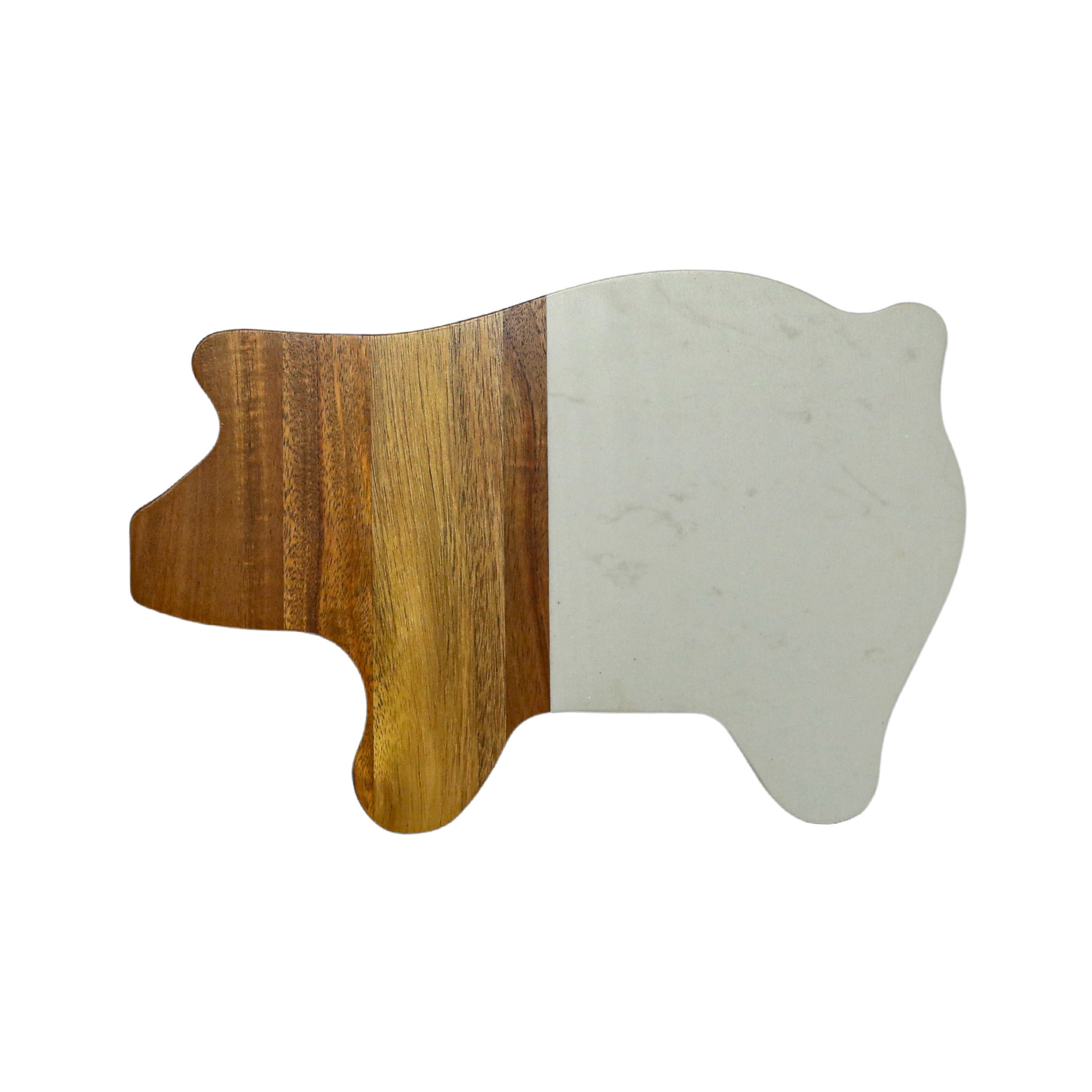 A beautifully crafted White Marble and Acacia Wood Pig Cutting Board featuring a unique pig shape, showcasing the elegant fusion of materials.