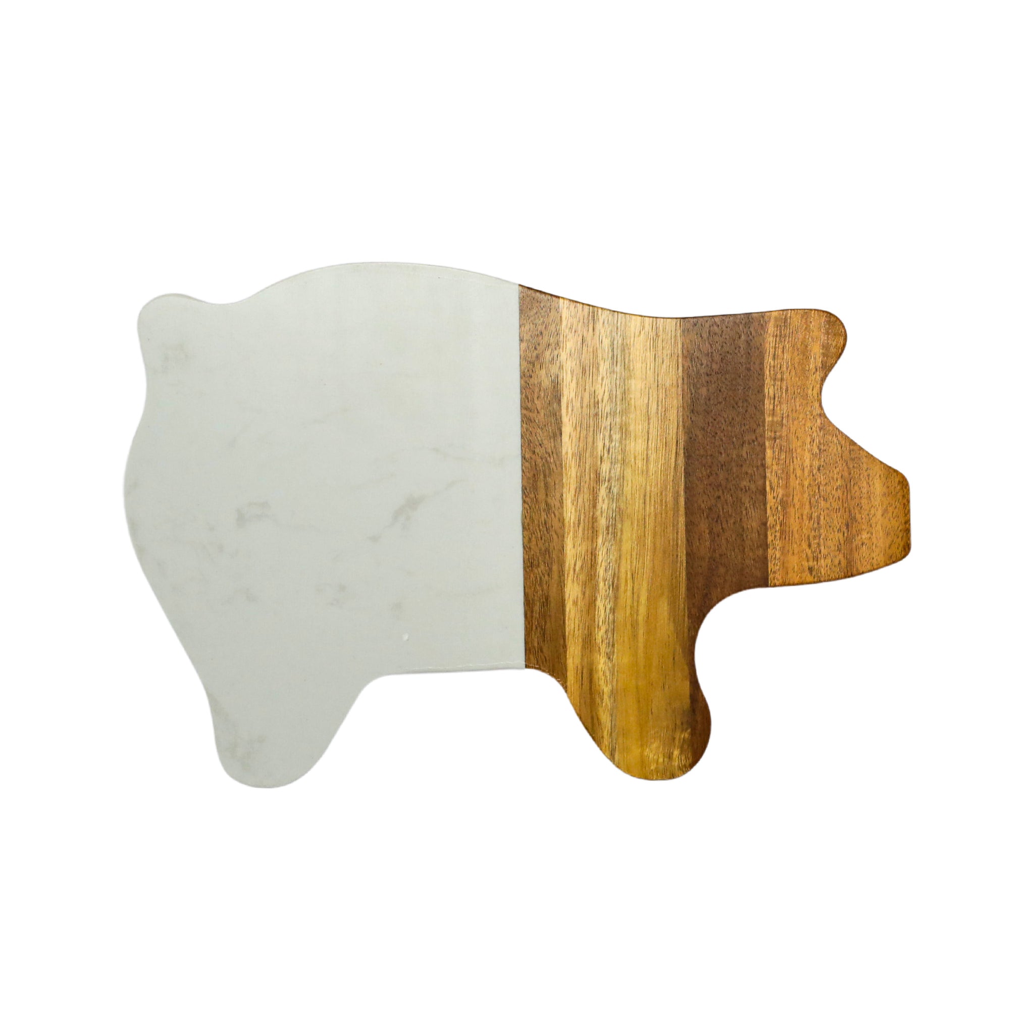 A beautifully crafted White Marble and Acacia Wood Pig Cutting Board featuring a unique pig shape, showcasing the elegant fusion of materials.