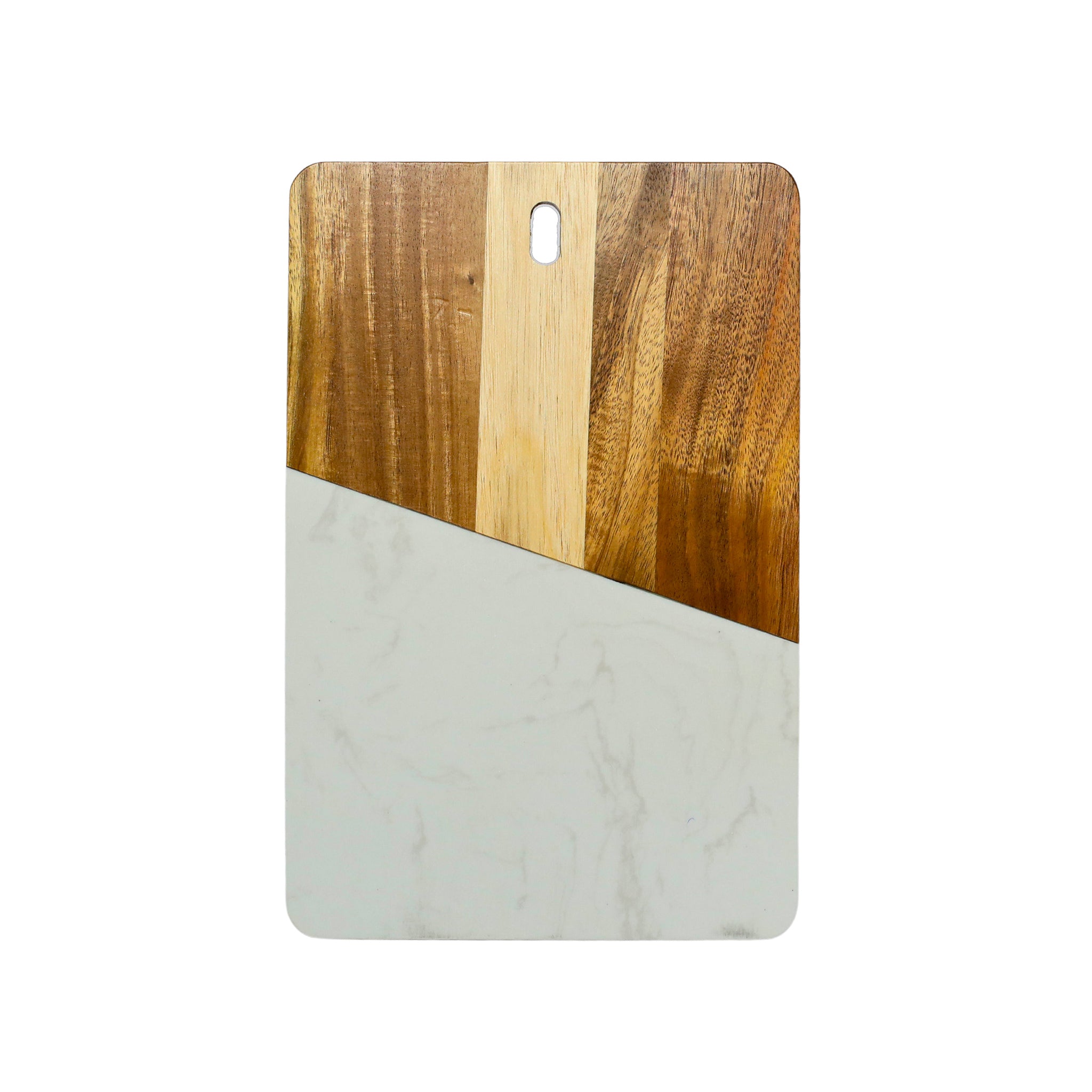 Elegant White Marble and Acacia Wood Rectangular Diagonal Board, showcasing a unique diagonal design and rich textures.