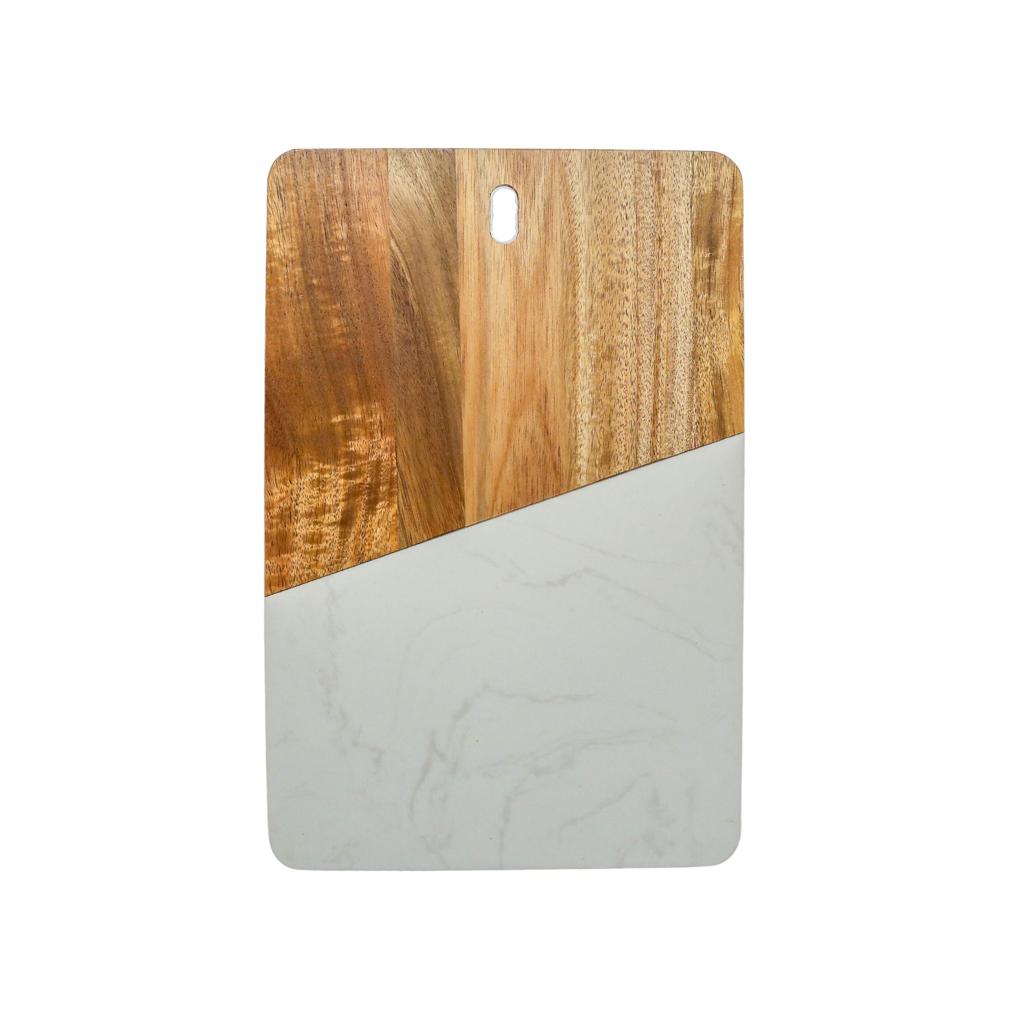 Elegant White Marble and Acacia Wood Rectangular Diagonal Board, showcasing a unique diagonal design and rich textures.