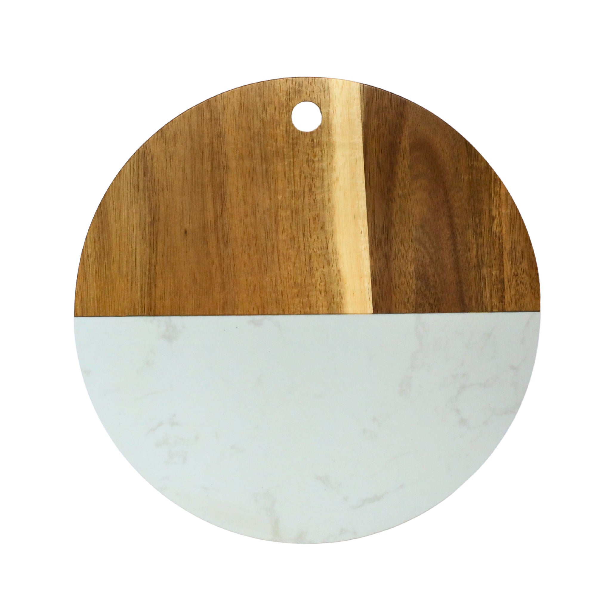 A 12-inch round board made of white marble and acacia wood, showcasing a sophisticated design perfect for serving and cutting.