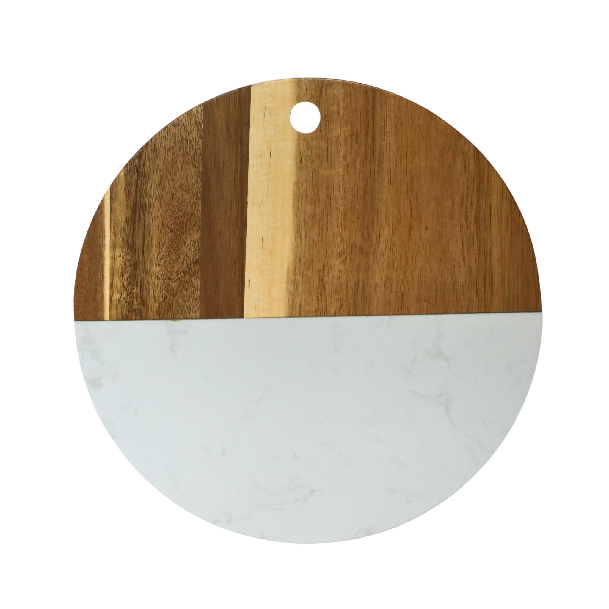 A 12-inch round board made of white marble and acacia wood, showcasing a sophisticated design perfect for serving and cutting.