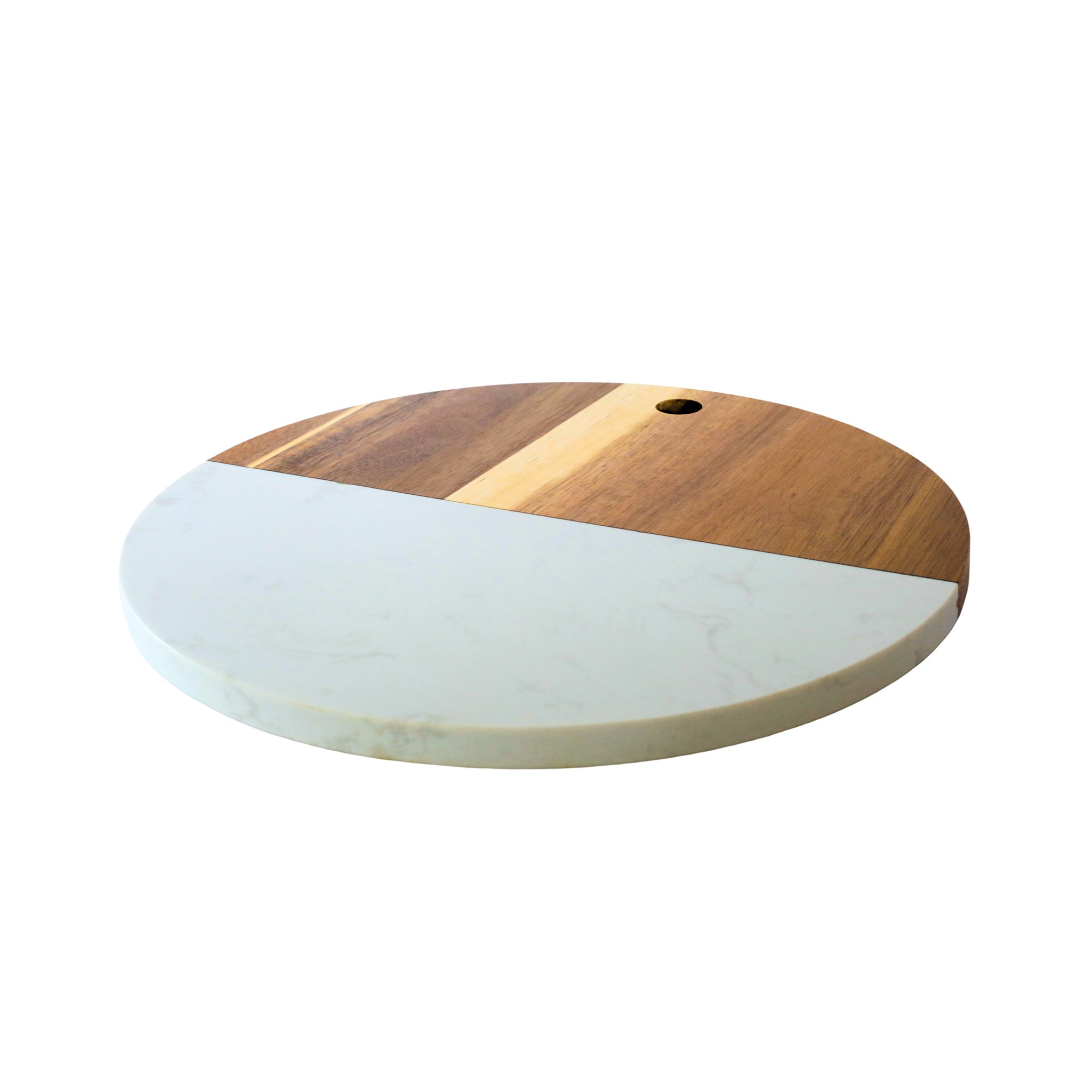 A 12-inch round board made of white marble and acacia wood, showcasing a sophisticated design perfect for serving and cutting.