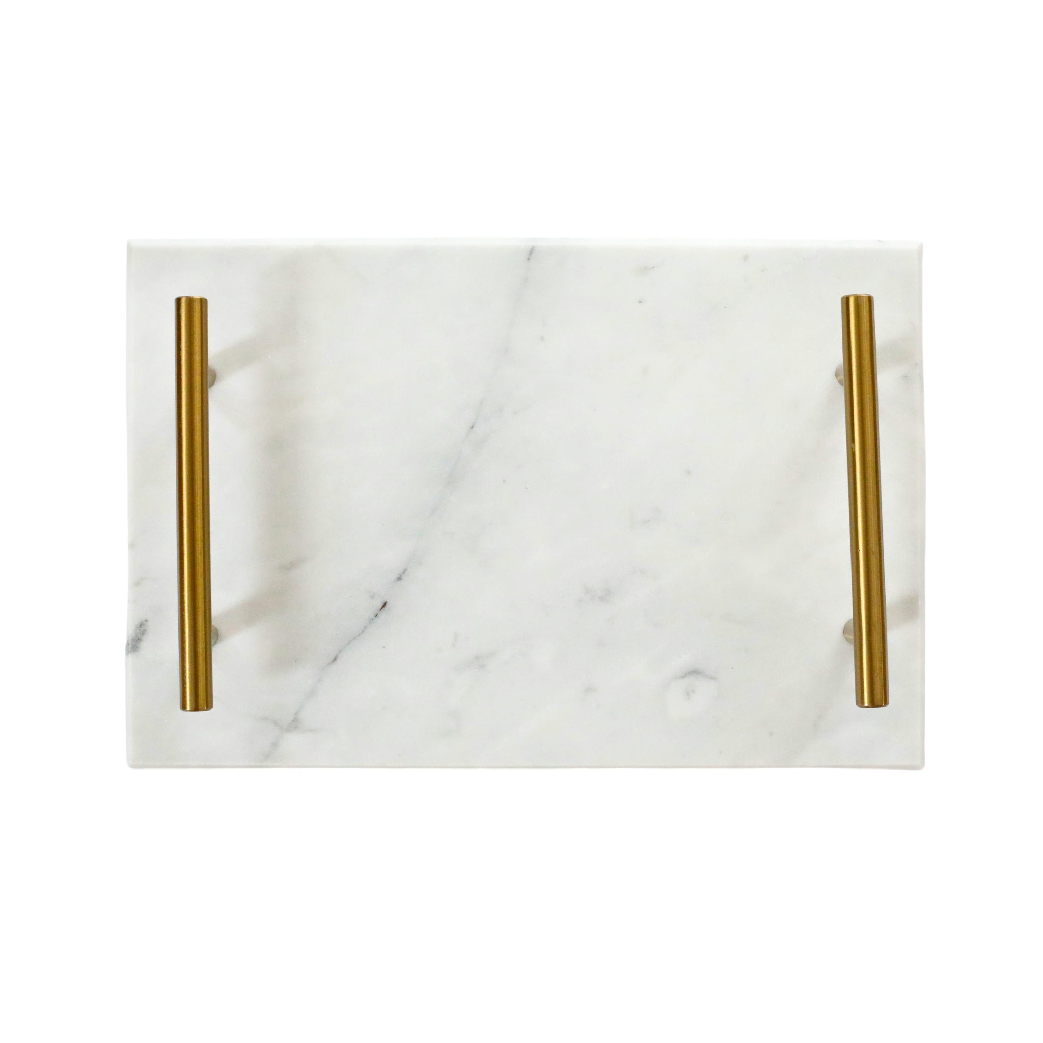 A stylish white marble serving board with elegant gold-finished handles, perfect for serving appetizers and enhancing home decor.