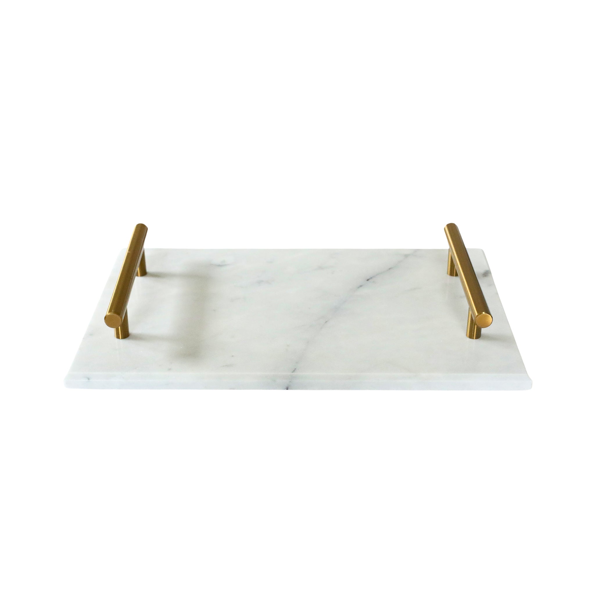 A stylish white marble serving board with elegant gold-finished handles, perfect for serving appetizers and enhancing home decor.