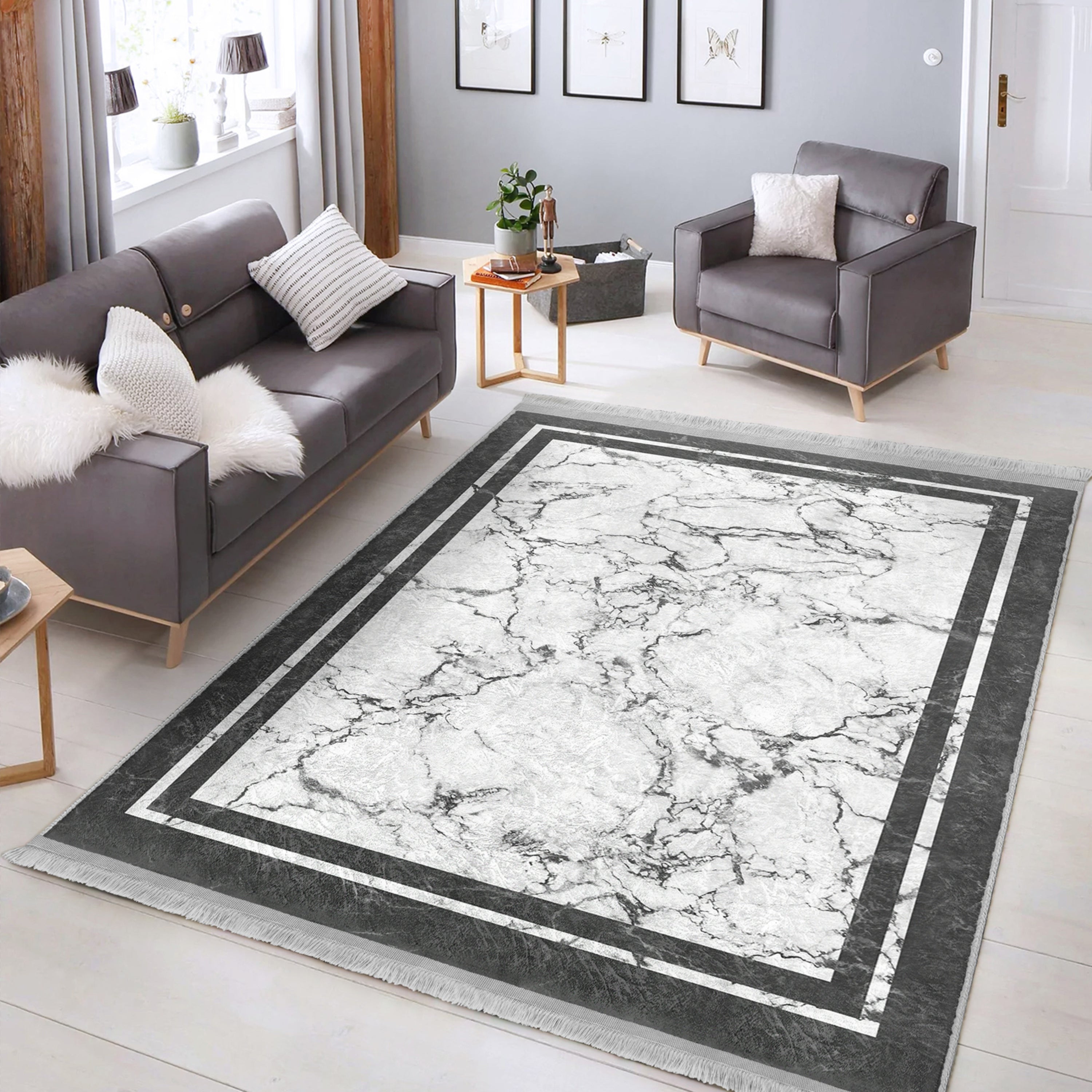 White Marble Design Washable Area Rug with fringes, showcasing a luxurious marble pattern, perfect for home decor.