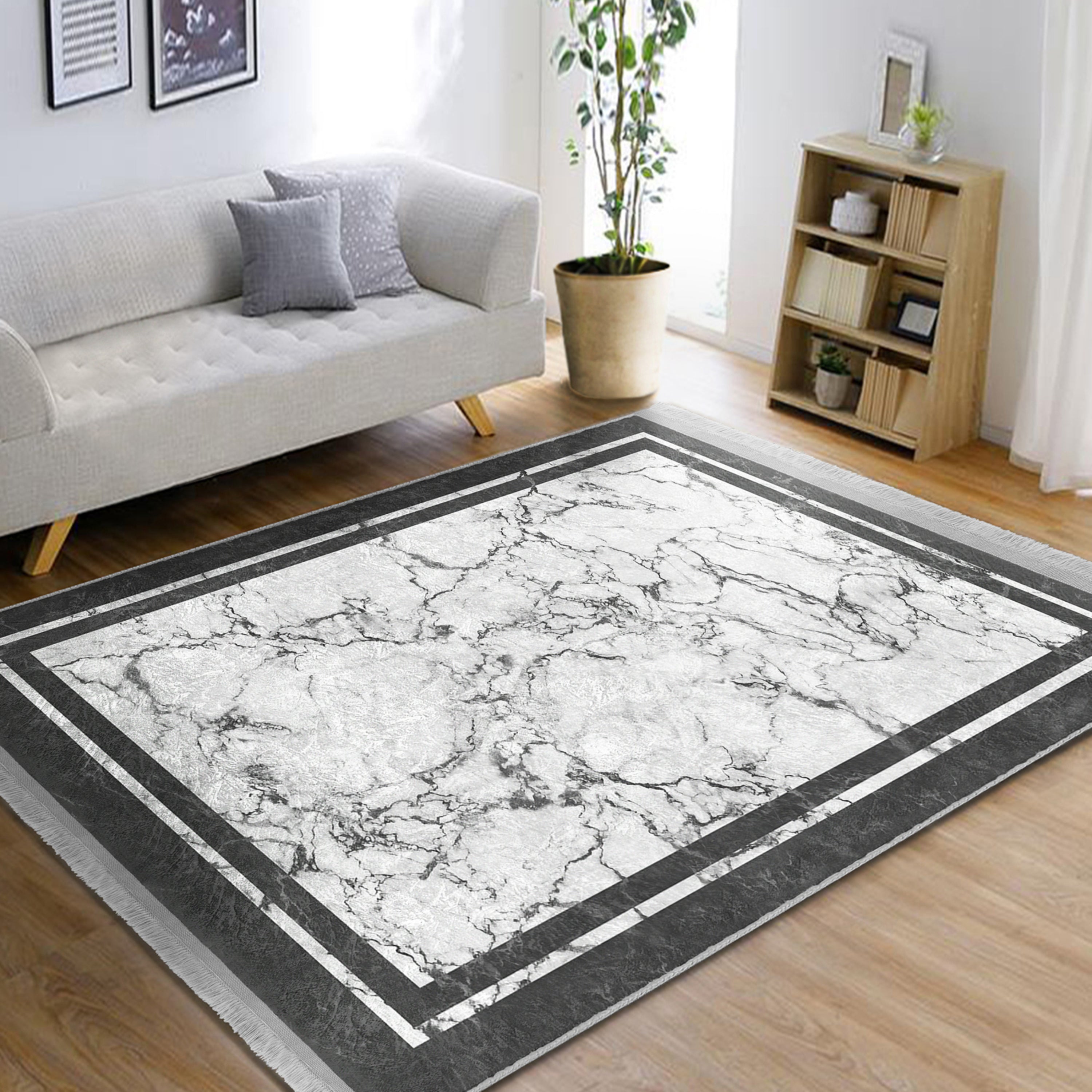 White Marble Design Washable Area Rug with fringes, showcasing a luxurious marble pattern, perfect for home decor.