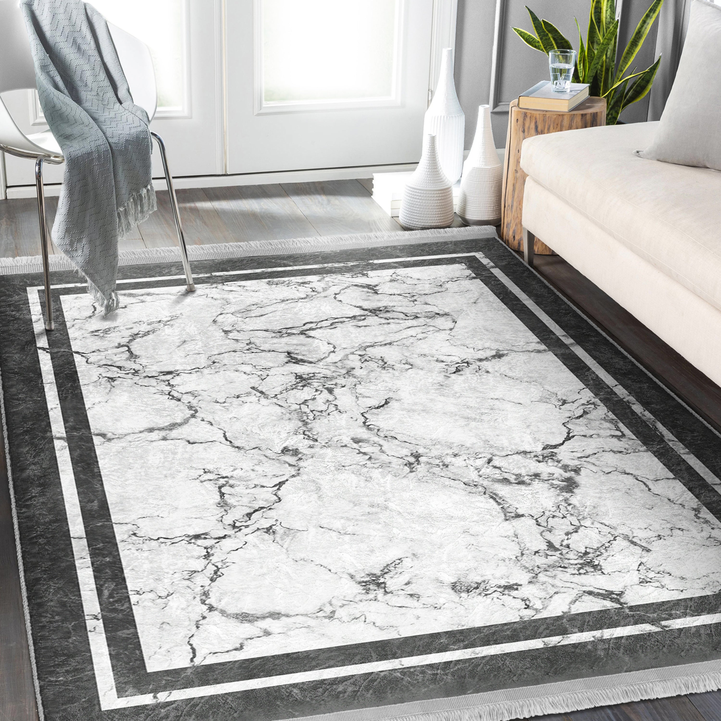 White Marble Design Washable Area Rug with fringes, showcasing a luxurious marble pattern, perfect for home decor.