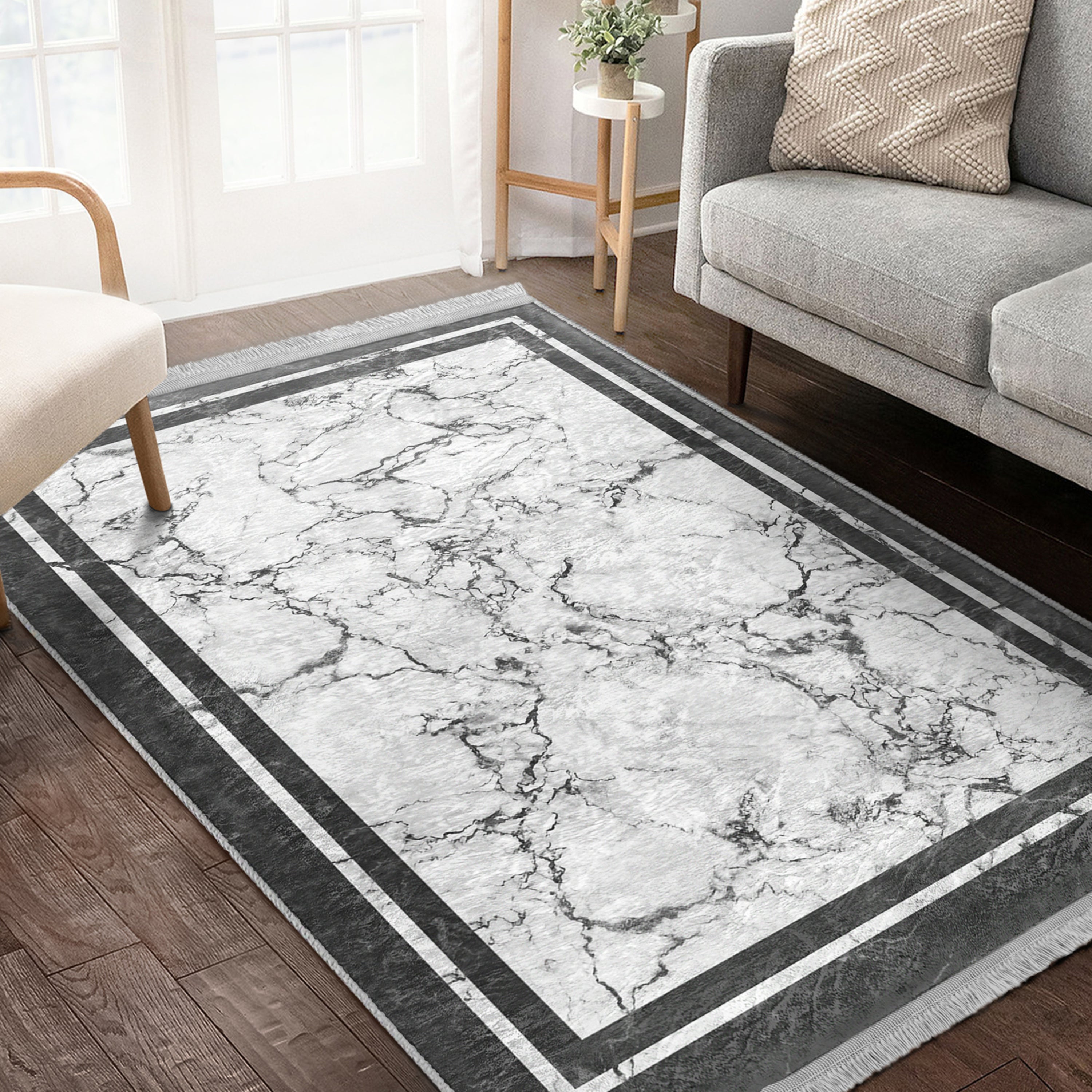 White Marble Design Washable Area Rug with fringes, showcasing a luxurious marble pattern, perfect for home decor.