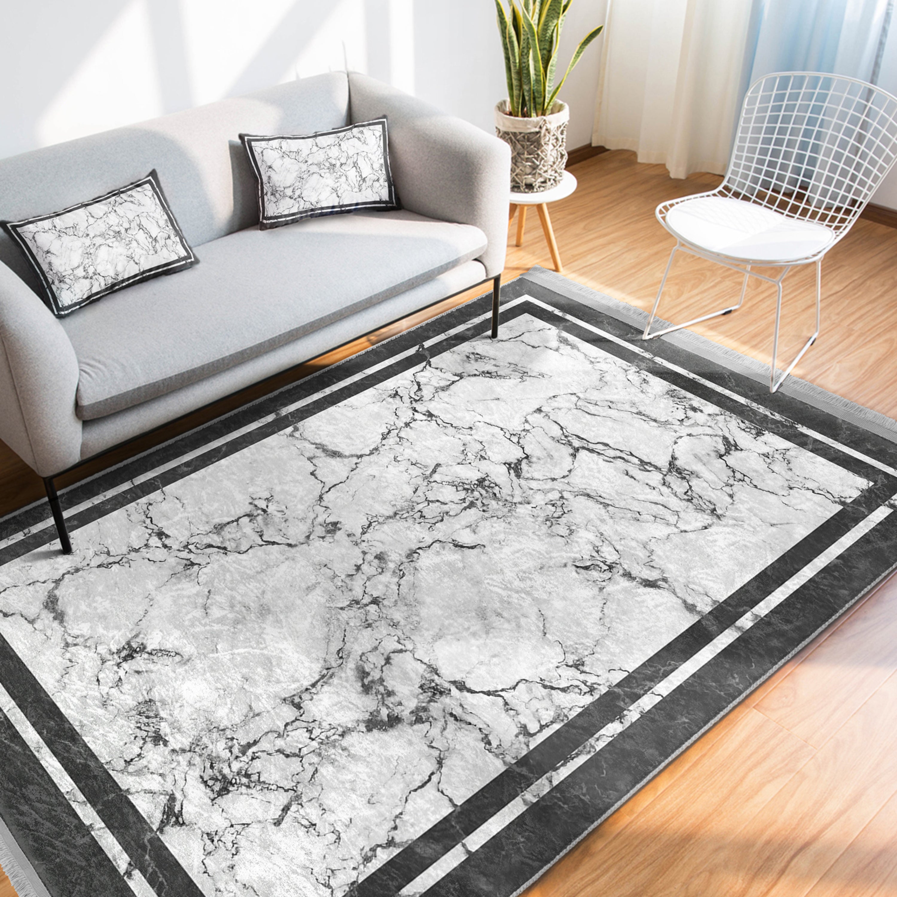 White Marble Design Washable Area Rug with fringes, showcasing a luxurious marble pattern, perfect for home decor.