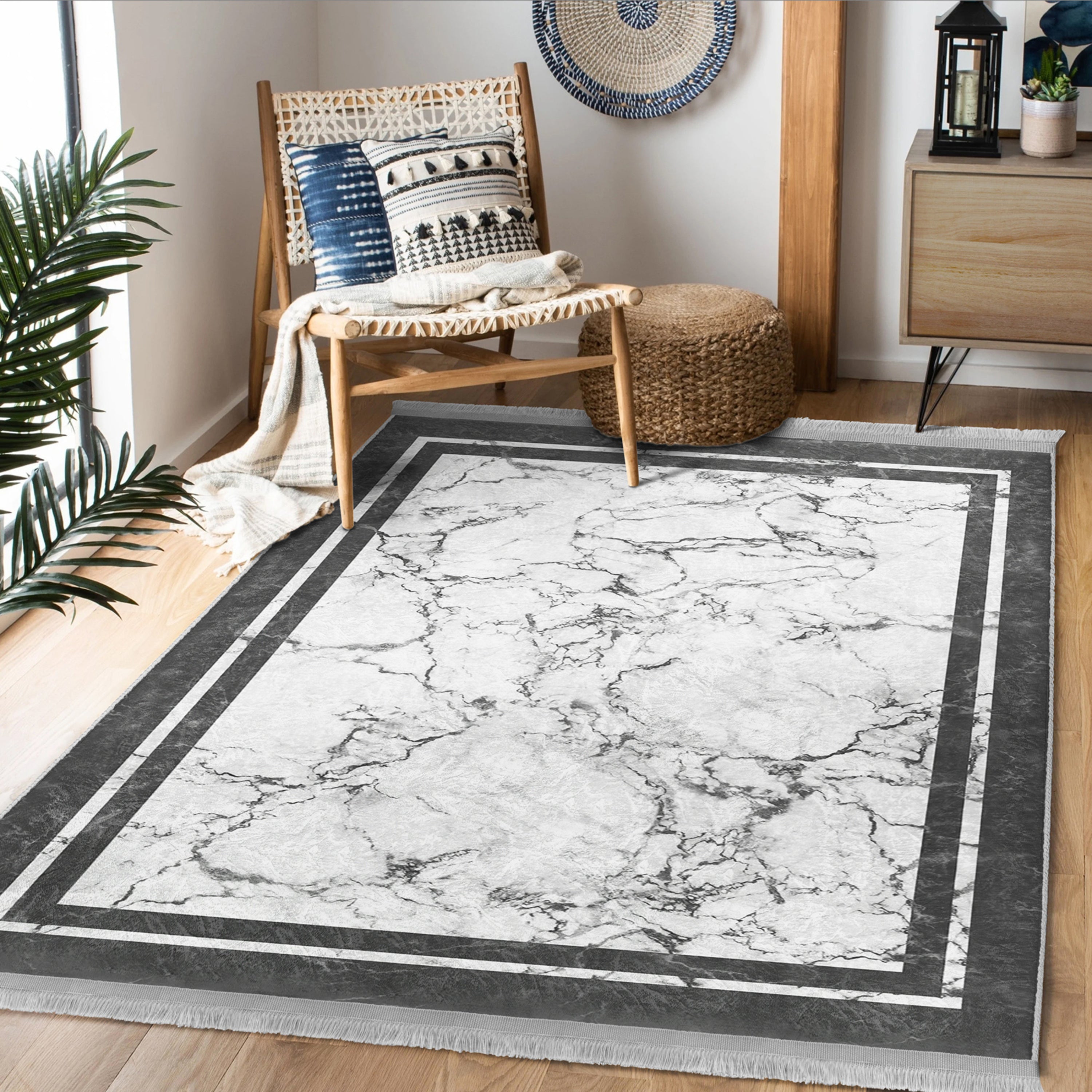 White Marble Design Washable Area Rug with fringes, showcasing a luxurious marble pattern, perfect for home decor.