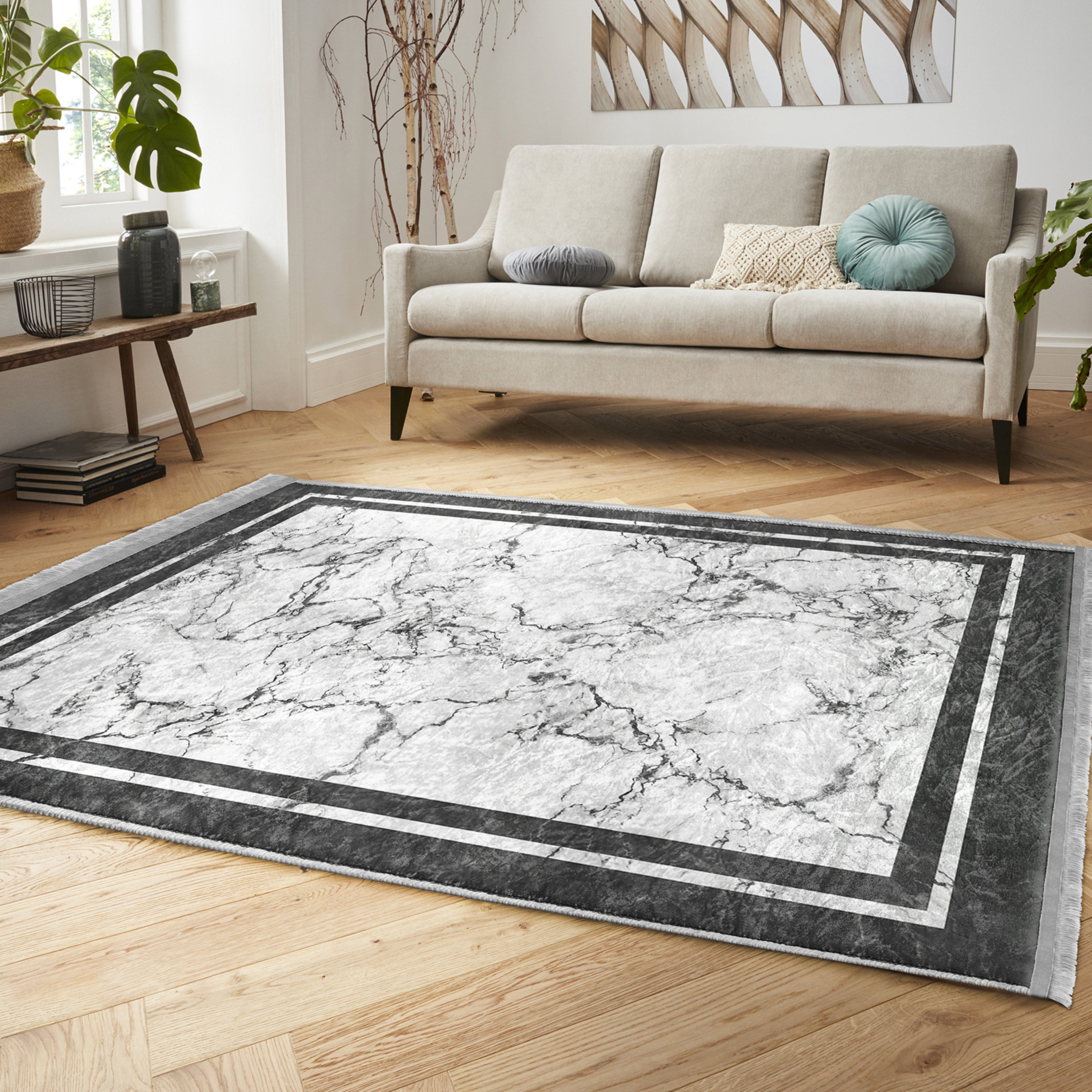 White Marble Design Washable Area Rug with fringes, showcasing a luxurious marble pattern, perfect for home decor.