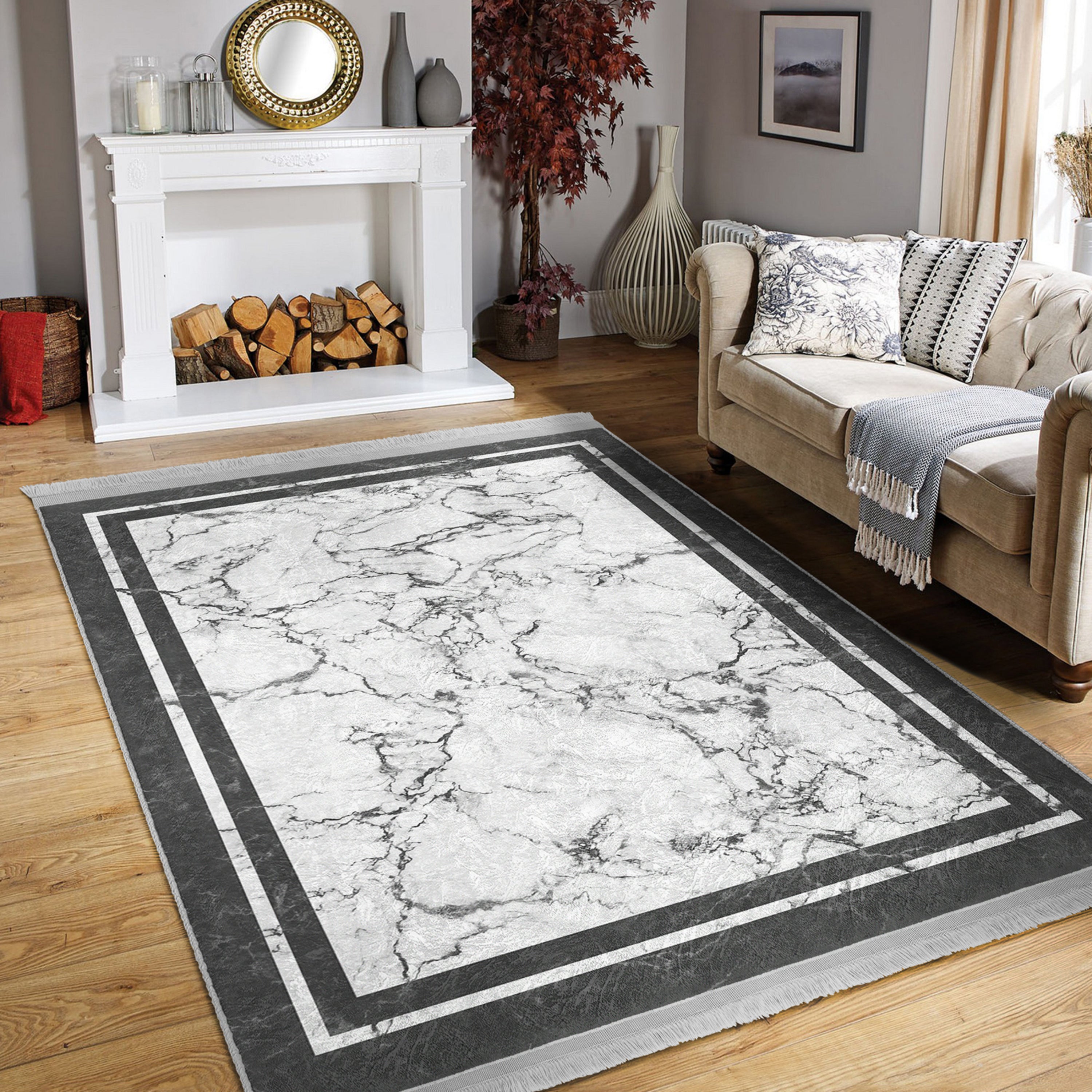 White Marble Design Washable Area Rug with fringes, showcasing a luxurious marble pattern, perfect for home decor.