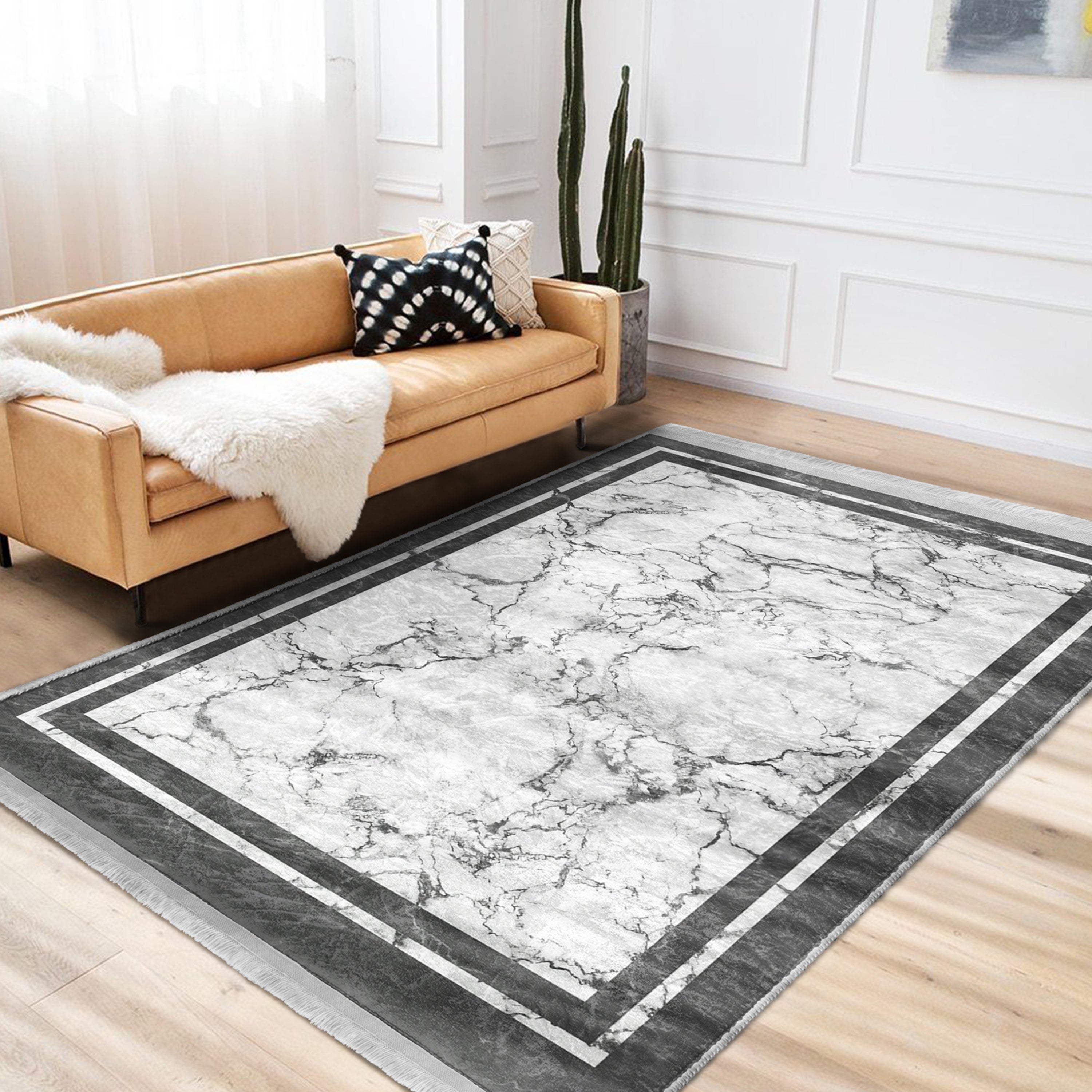 White Marble Design Washable Area Rug with fringes, showcasing a luxurious marble pattern, perfect for home decor.