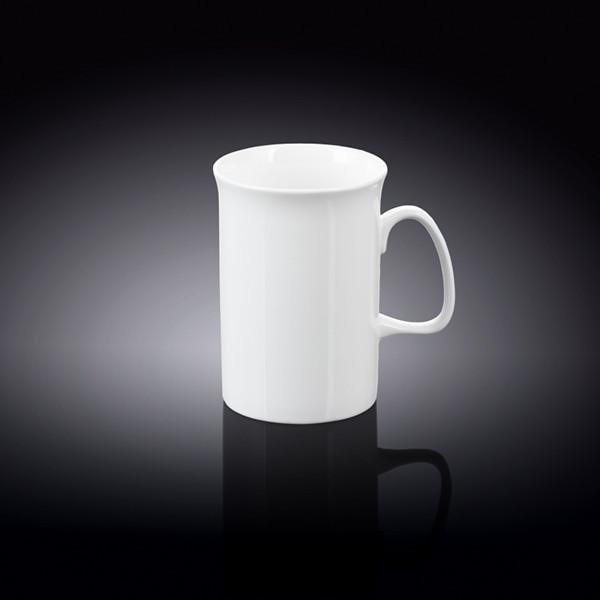 A stylish WILMAX white porcelain mug, 10 oz capacity, showcasing its elegant design and smooth finish, perfect for coffee or tea.