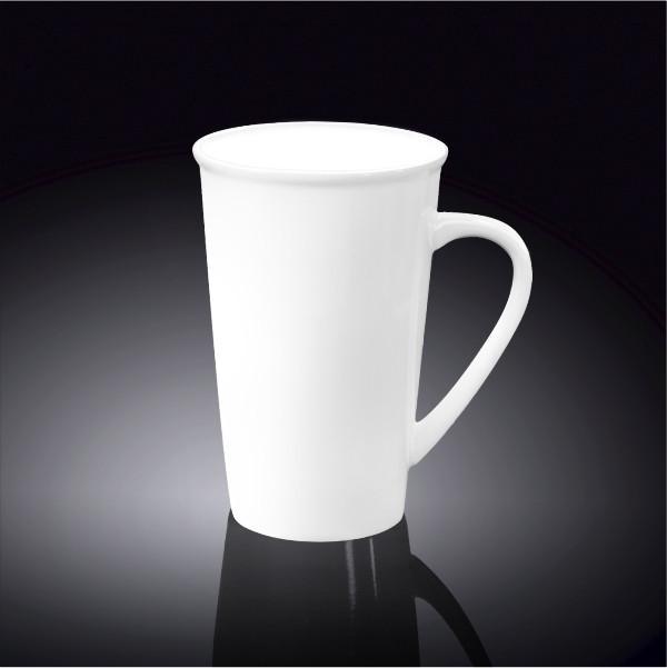 Elegant WILMAX white porcelain mug, 19 oz capacity, perfect for coffee or tea, showcasing its stylish design and durability.