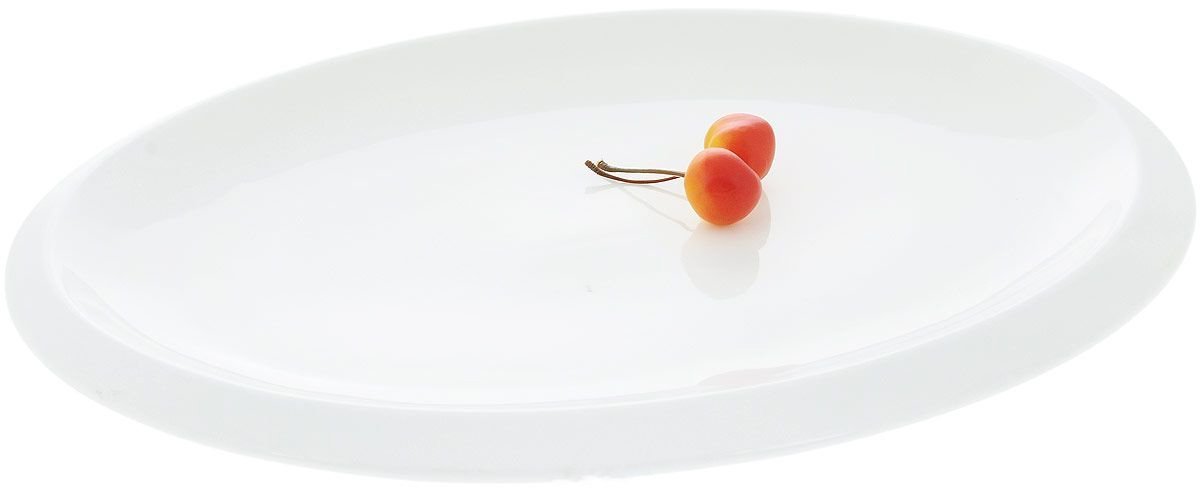 Elegant white oval platter measuring 14 inches, perfect for serving various dishes, made from high-quality porcelain.