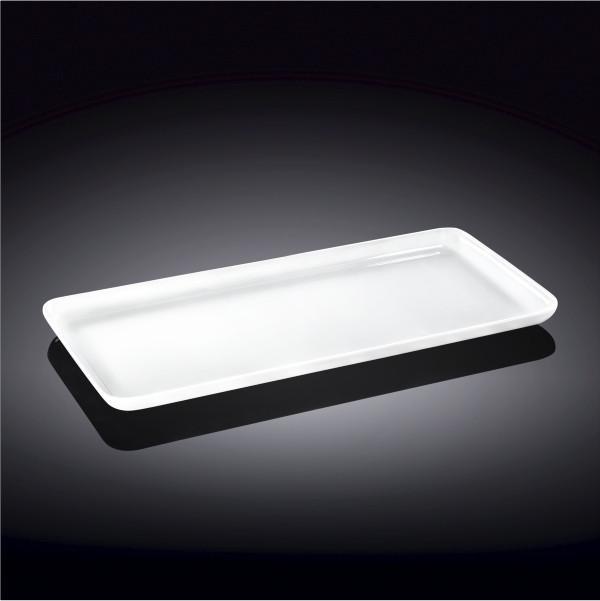 A stylish white rectangular dish measuring 10 inches by 5 inches, made of fine porcelain, ideal for serving various dishes.