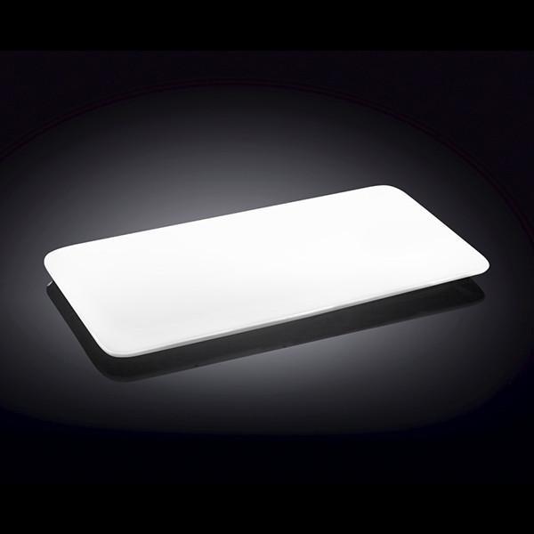 Elegant white rectangular flat platter measuring 12 inches by 6.5 inches, perfect for serving various dishes.