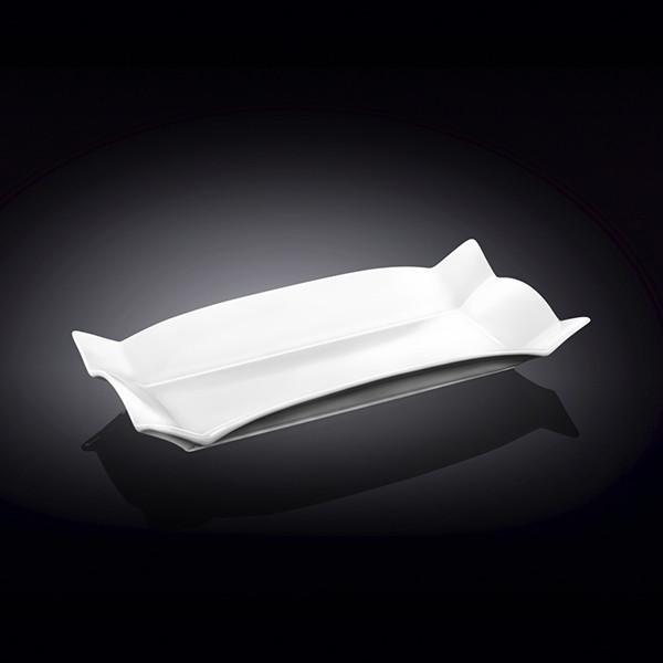 Elegant white porcelain rectangular platter measuring 10 inches by 5 inches, perfect for serving various dishes.