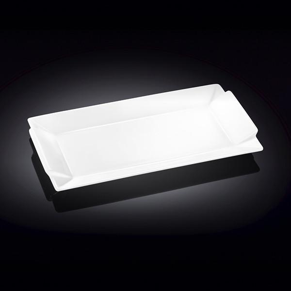 Elegant white rectangular platter measuring 9.5 inches by 5 inches, perfect for serving various dishes.