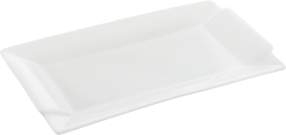 Elegant white rectangular platter measuring 9.5 inches by 5 inches, perfect for serving various dishes.