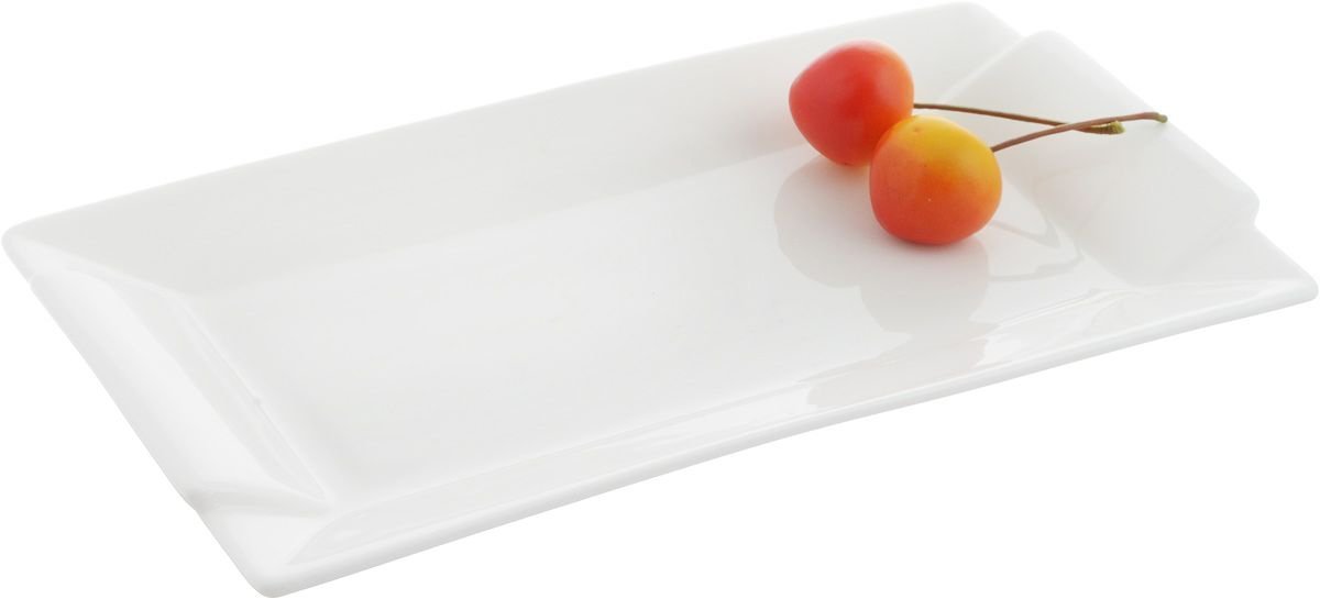 Elegant white rectangular platter measuring 9.5 inches by 5 inches, perfect for serving various dishes.