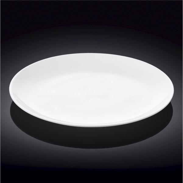 Wilmax 12-inch white round platter, elegant porcelain design for serving various dishes.