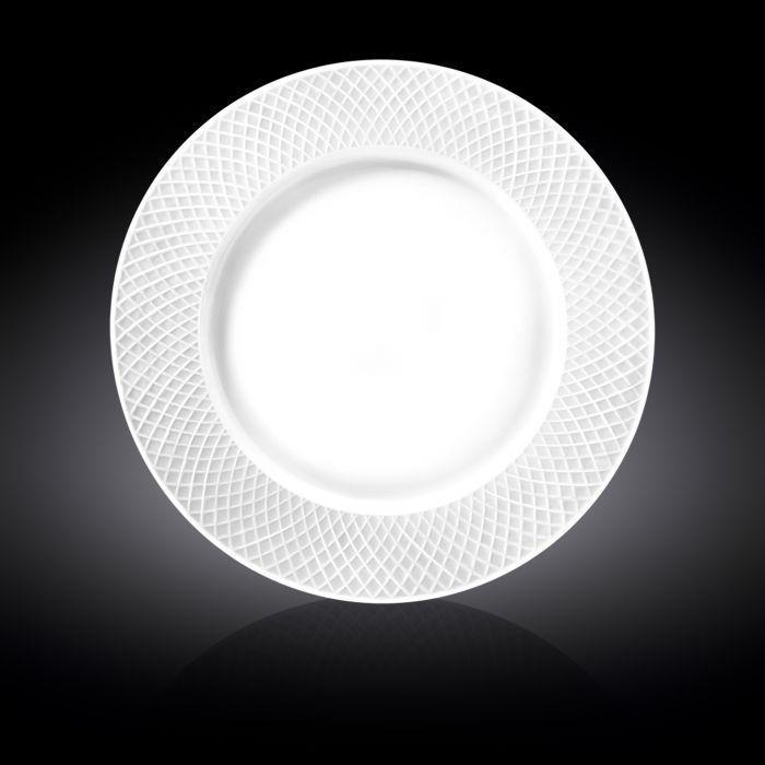 A 12-inch white round porcelain platter with an embossed rolled rim, ideal for serving various dishes elegantly.