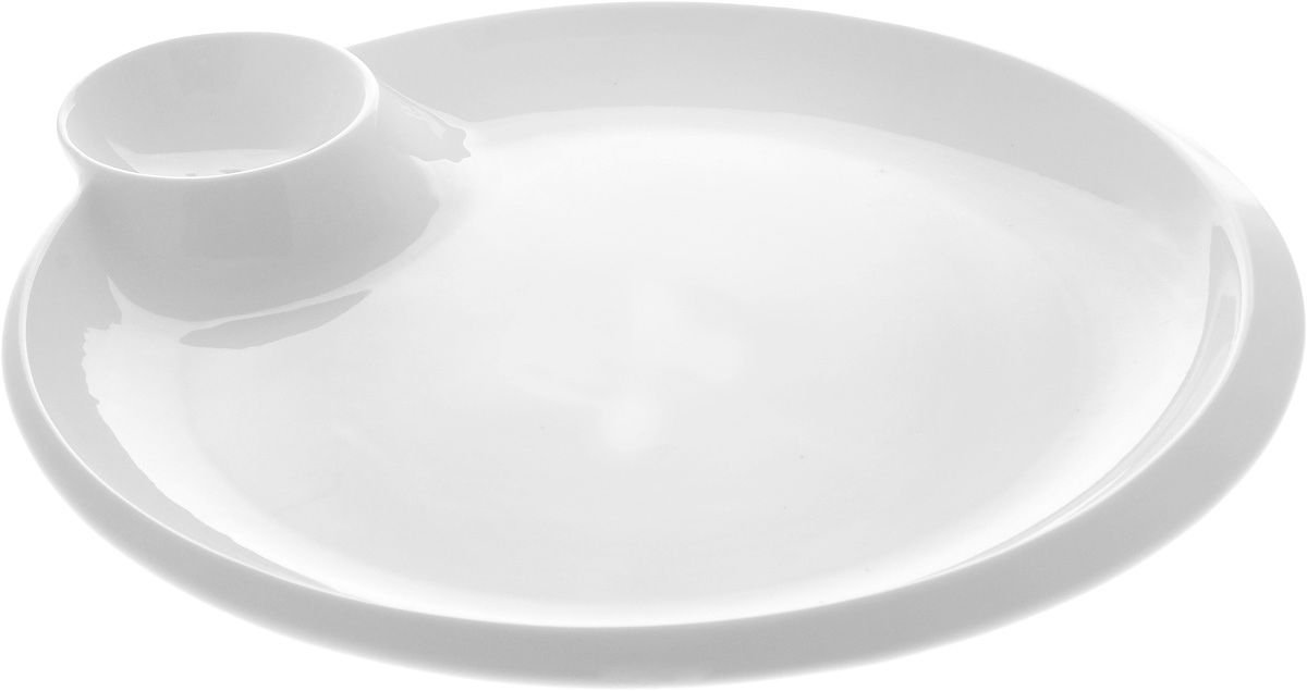 Elegant 12-inch white round platter with sauce compartment, perfect for serving various dishes.